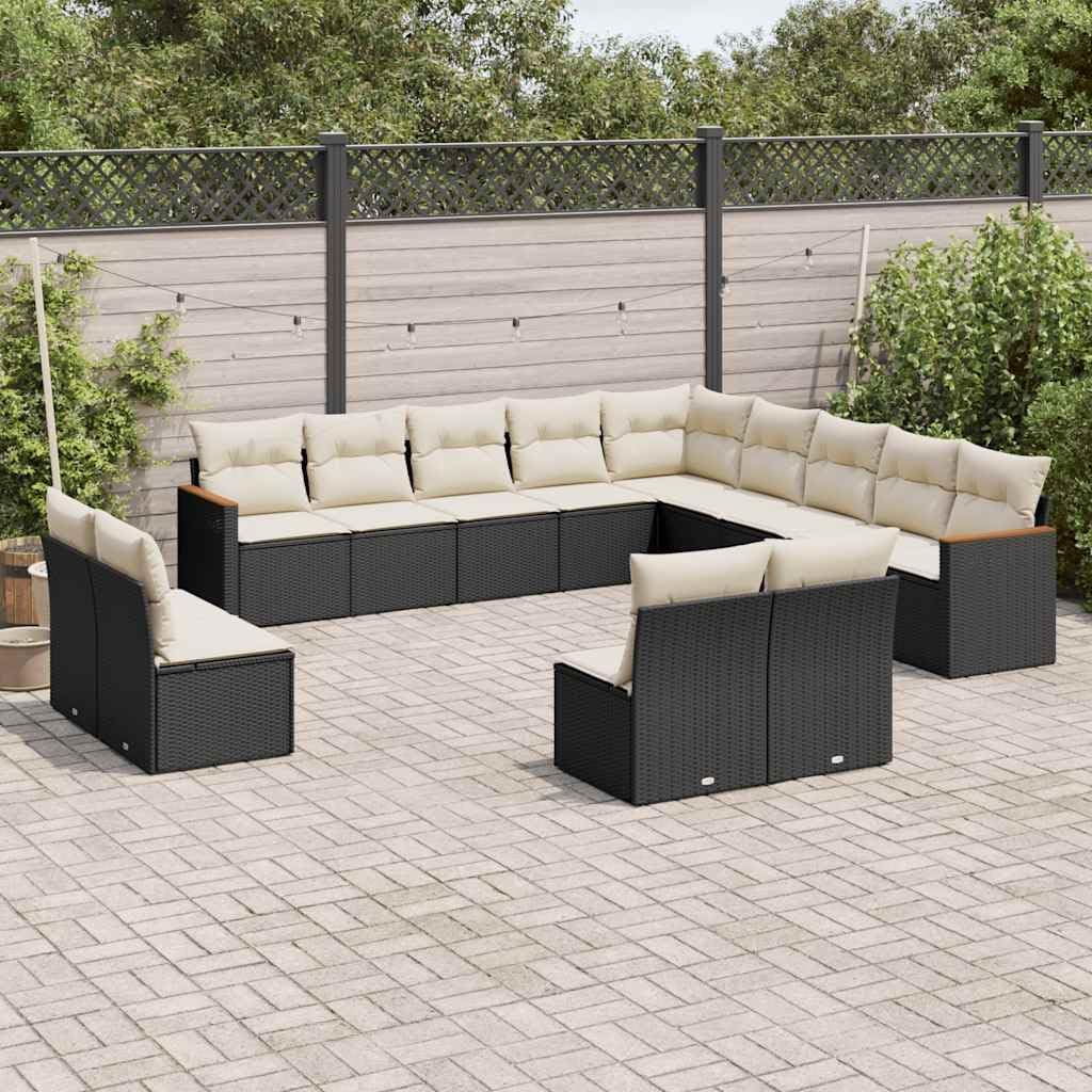 13-Piece Modular Garden Sofa Set in Black and Cream White, Weather-Resistant Outdoor Furniture with Storage, Durable Poly Rattan and Acacia Wood Patio Seating for Comfortable