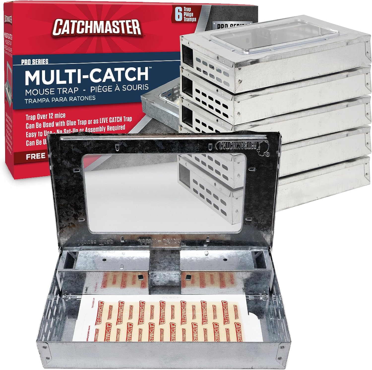 Catchmaster Multi-Catch Mouse Trap 6-Pack, Humane Mouse Traps Indoor for Home, Includes Replaceable Glue Board, Live Catch Pest Control for Garage & Shed