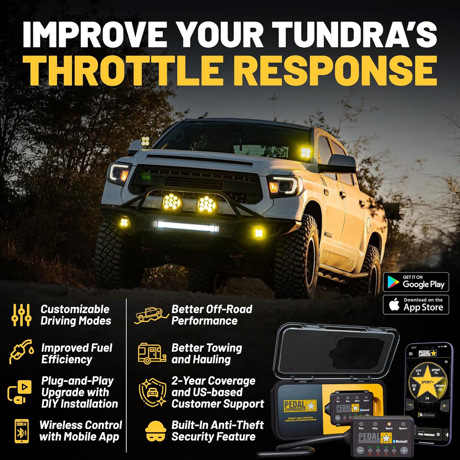 PEDAL COMMANDER Throttle Response Controller Compatible with Toyota Tundra 2007-2021, Plug-and-Play, 4 Modes 36 Sensitivity Levels, App Control Anti-Theft, Performance Upgrade, Tundra Accessories