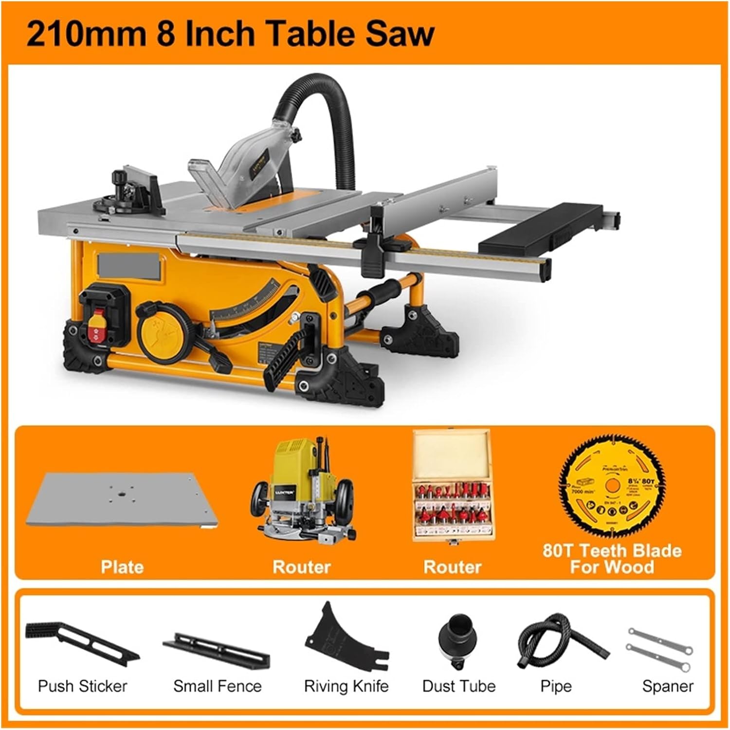 Table Saw 210mm 8 Inch Wood Cutting Saw Dust Free With Extension Portable Woodworking Machine with Efficiency(With plate Router C)