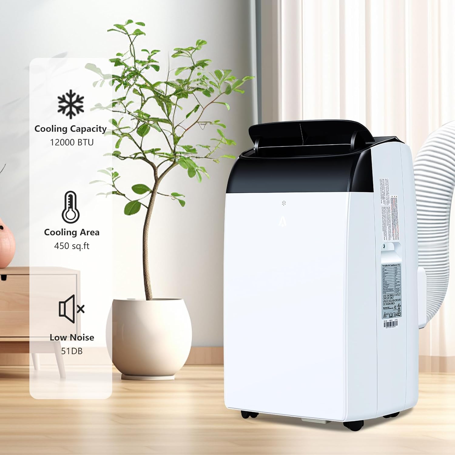 12000 BTU Portable Air Conditioner, 3-In-1 Cooling, Fan, Dehumidifier, 51DB Quiet, 24H Timer, Remote Control, 550 Sq.Ft Coverage, Room Air Conditioning for Home/Office