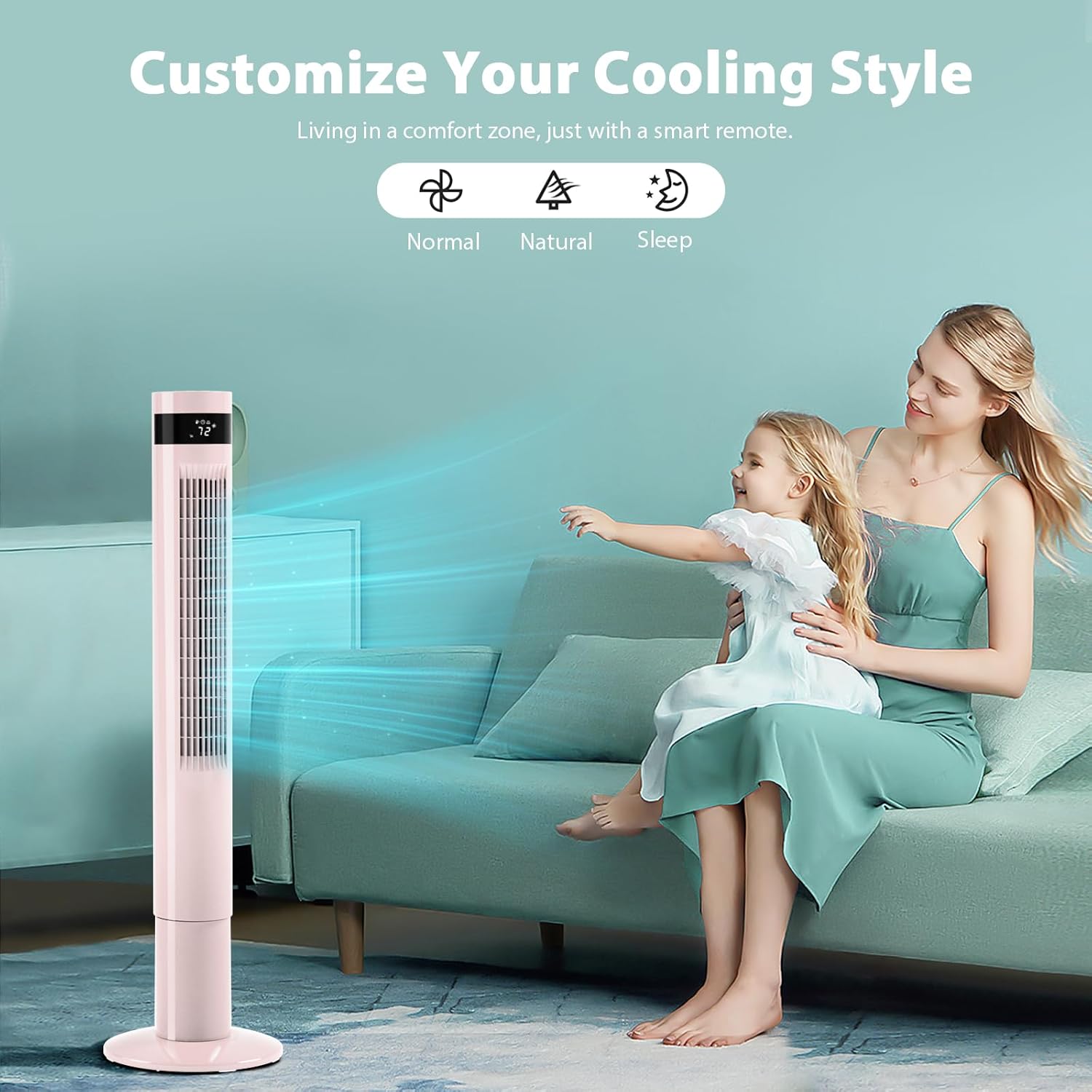 Antarctic Star Tower Fan Portable Floor Fans 85°Oscillating Fan 43'' Quiet Cooling 12H Timer Remote Control Standing Bladeless Electric 3 Speeds Wind 3 Modes Bedroom Office(43 inch, Pink)