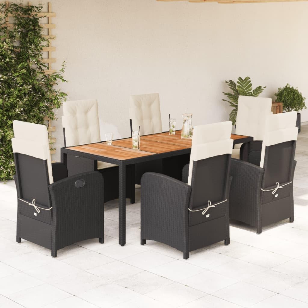 7-Piece Outdoor Dining Set, Black & Cream Synthetic Rattan Patio Furniture, Reclining Garden Chairs, Powder-Coated Steel Frame, Spacious 75-inch Table for Garden, Balcony, Terrace