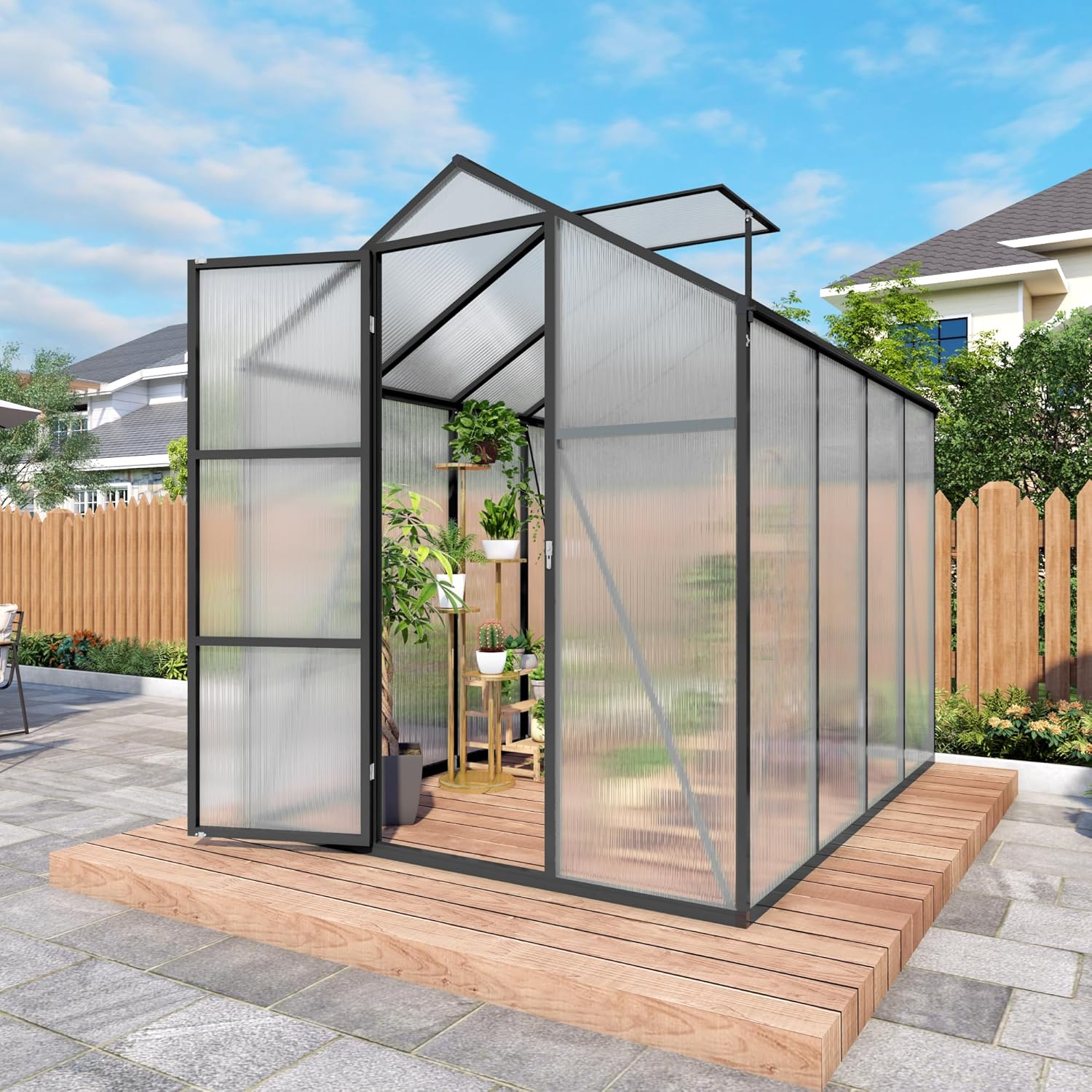 6x8 FT Greenhouse Kit for Outdoor Terrace, Sturdy Polycarbonate Panels with Adjustable Roof Vent, Walk-in Greenhouse for Garden & Backyard