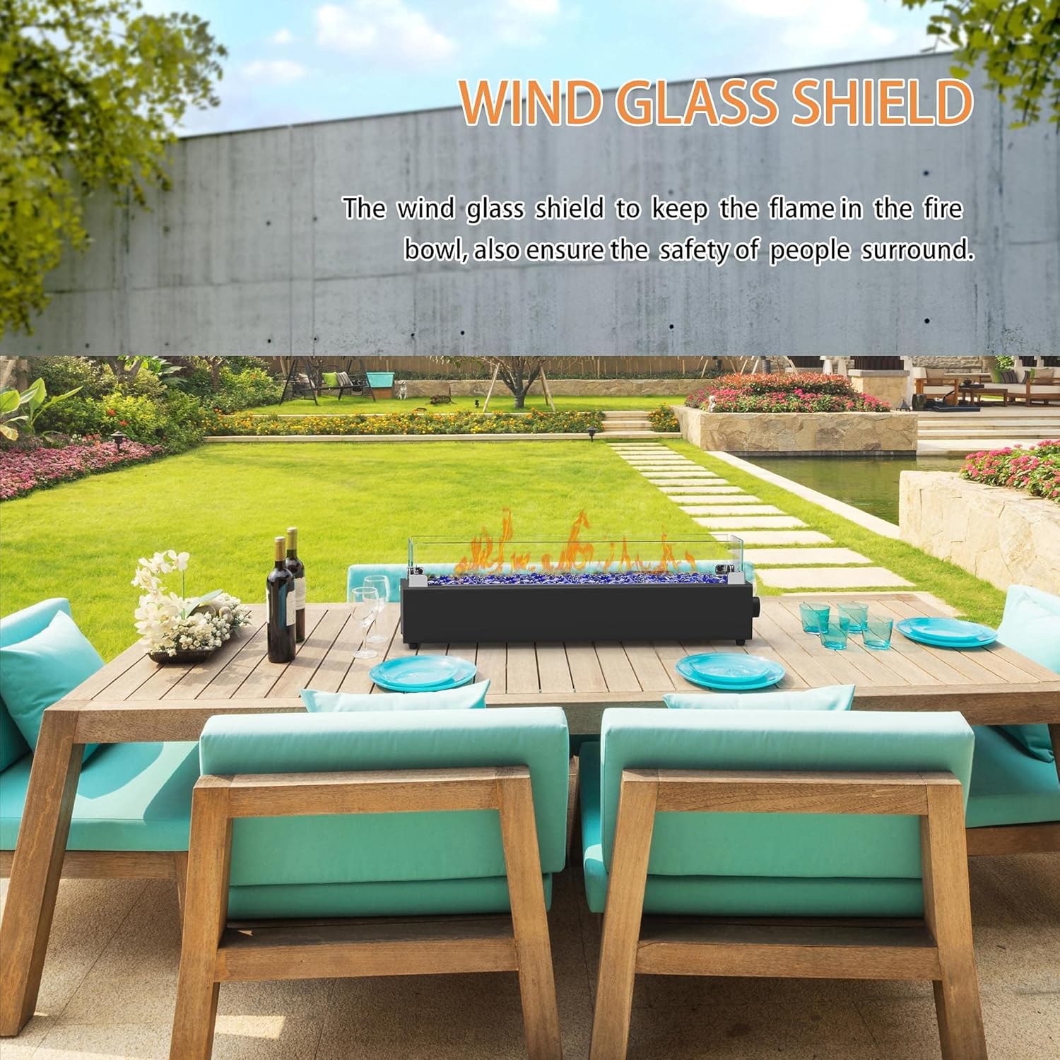 28-inch Table Top Propane Fire Pit, 40,000 BTU Tabletop Firepit for Patio, Outdoor Portable Rectangular Fire Bowl w/Wind Glass Shield, Glass Rocks - Black