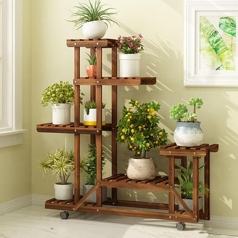 MARURY Wooden Plant Stand, Cedar Wooden Elevated Planter Box, Outdoor with Wheels Multi-Layer Rolling Plant Flower Display Shelf, for Backyard, Patio, Deck, Balcony