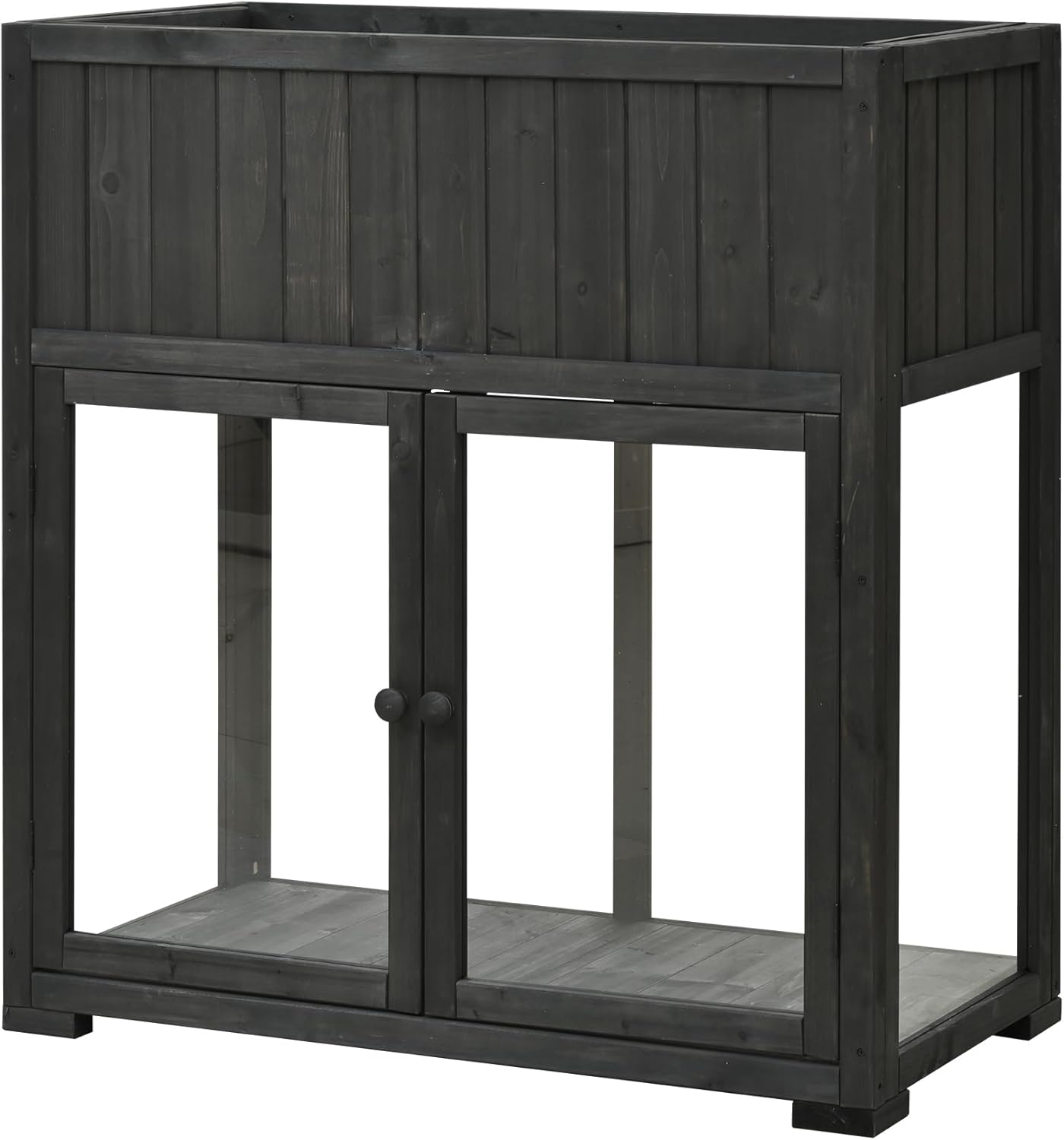 Raised Garden Bed with Cold Frame, Fir Wood Planter Box with Polycarbonate Doors, Elevated Planter with Storage Cabinet and Wheels, Dark Gray