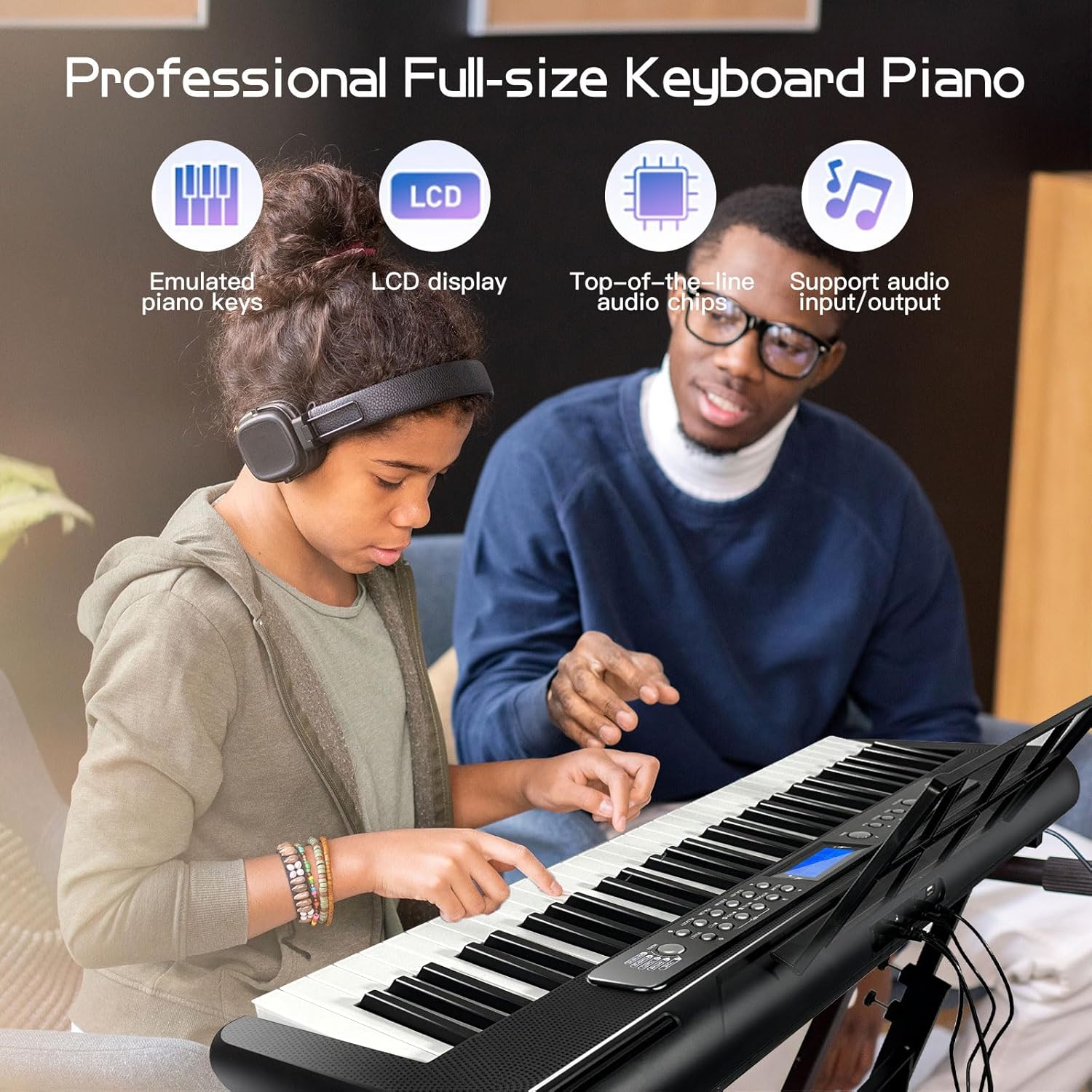 AQNIEGEP Pro 61-Key Electric Keyboard Piano w/LCD & Sustain Pedal, Full-Size Studio Keyboard w/Stand, Bench, Headphones, Mic, 200 Timbres/Rhythms, 80 Songs, Professional Piano Keyboard for All Levels