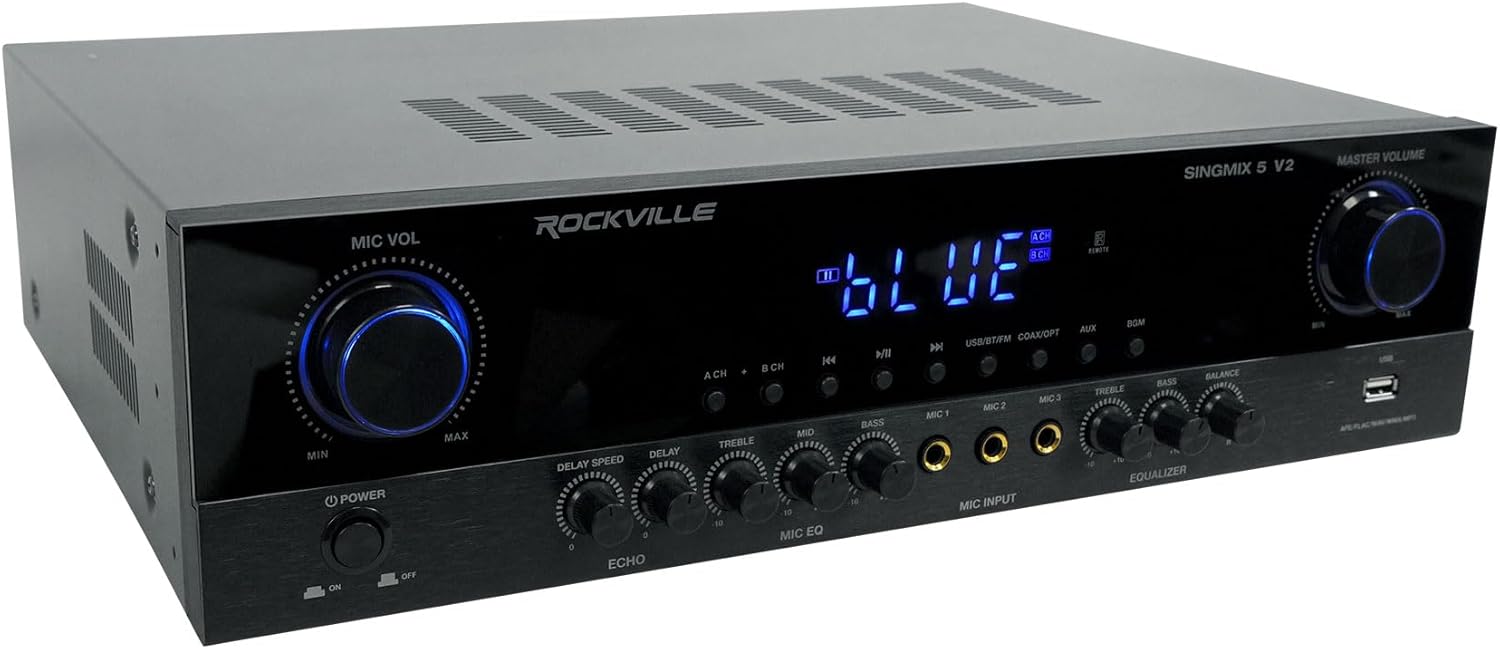 Rockville SingMix 5 V2 2000W Karaoke Mixing Amplifier, Bluetooth, USB/SD, Optical/Coax Inputs, Echo Effects, Remote Control, Perfect for Home Karaoke and Professional Venues