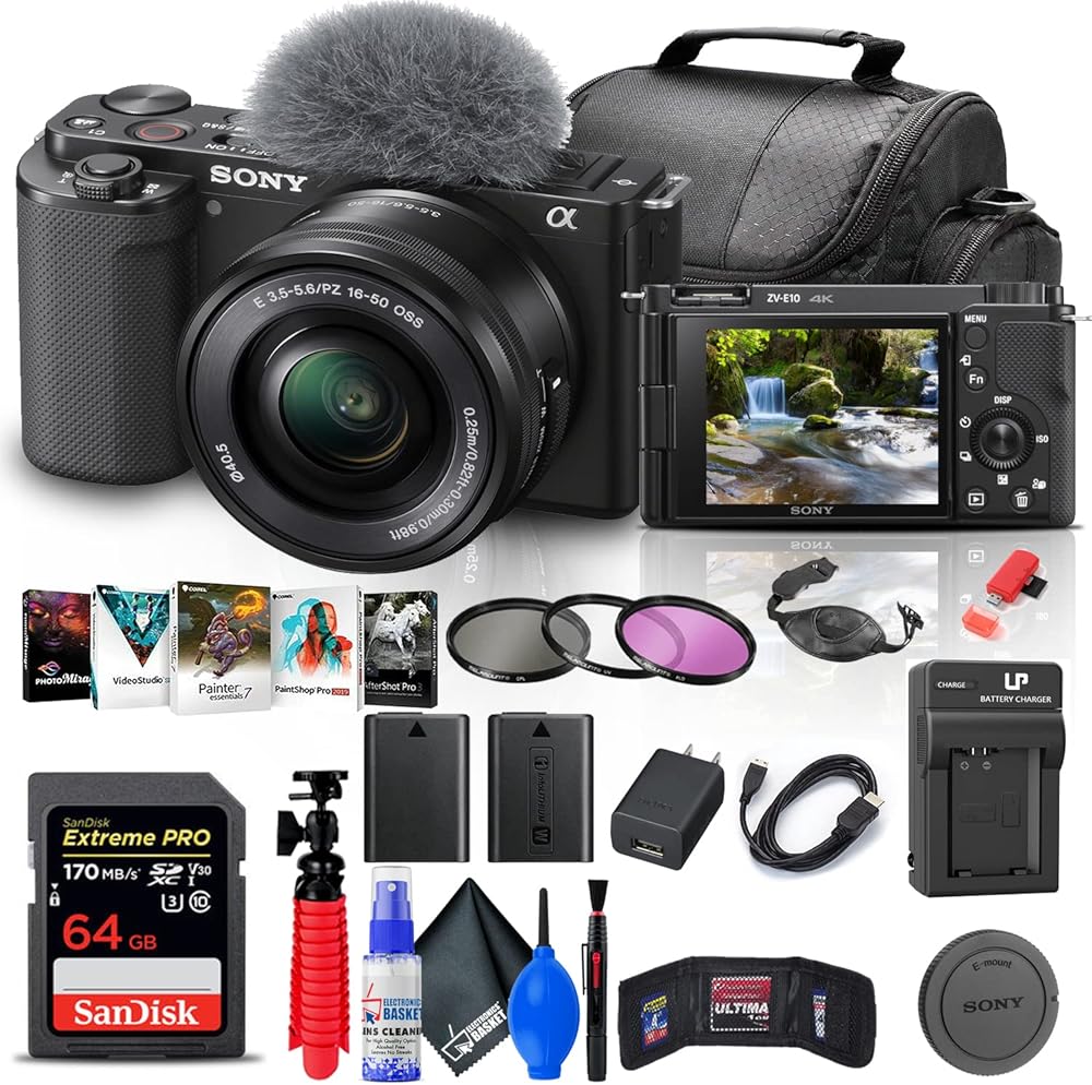 Sony ZV-E10 Mirrorless Camera with 16-50mm Lens (Black) (ILCZV-E10L/B) + 64GB Memory Card + Filter Kit + Photo Software + Bag + NPF-W50 Battery + External Charger + Card Reader + More (Renewed)