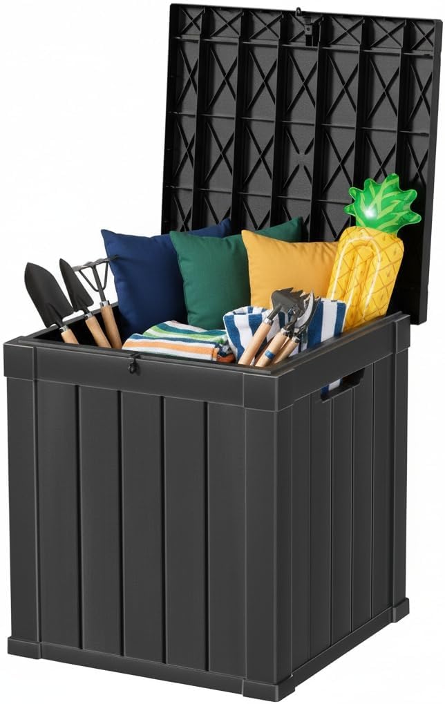 50 Gallon Resin Deck Box with Lockable Lid - Outdoor Waterproof Storage for Patio Furniture, Garden Tools, Cushions & Pool Accessories, Wood Grain Design, All-Weather Durable