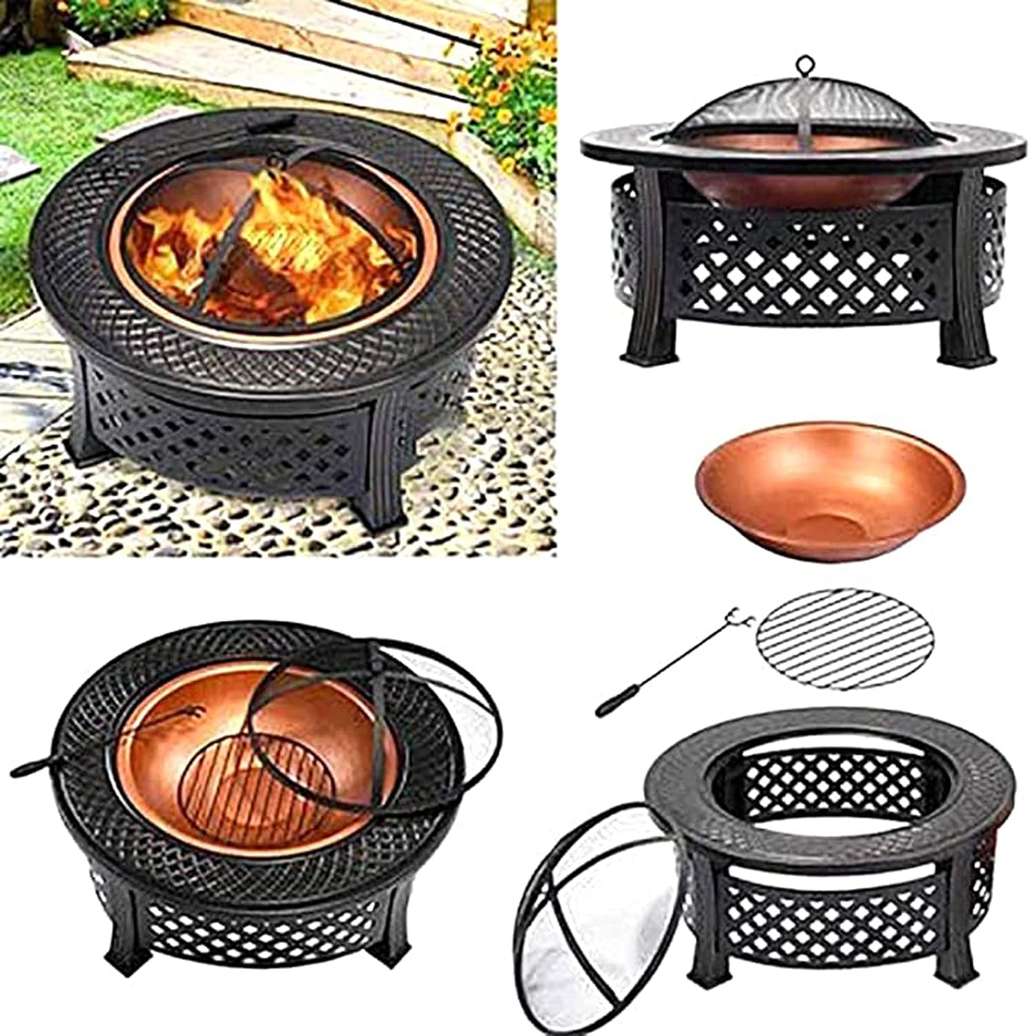 Garden Fire Pits with Barbecue Grill, Charcoal BBQ Grill, Patio Heater, Stove Metal Firepit, Wood Burning, Outdoor Fire Pits