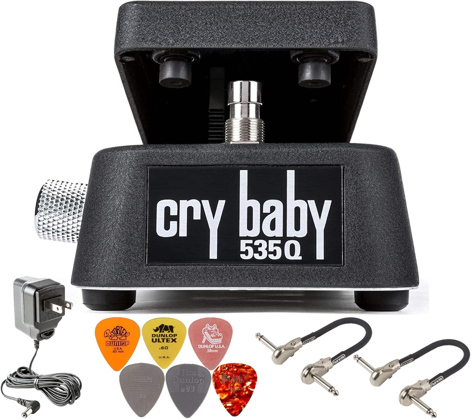 MXR Dunlop 535Q Cry Baby Multi-Wah Pedal Bundle with 2 MXR Patch Cables, ECB003 Power Supply, and 6 Assorted Dunlop Picks