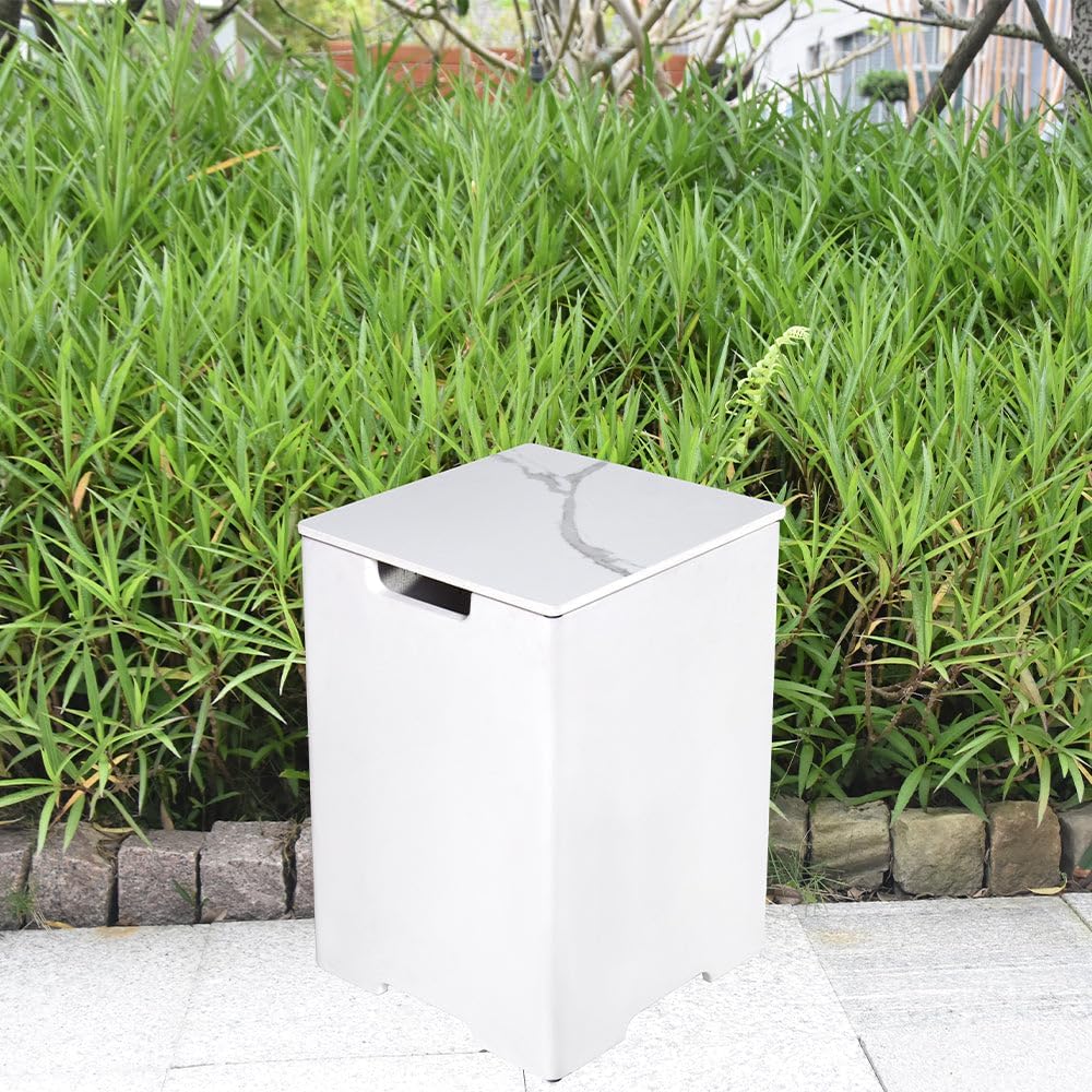 Elementi Plus Propane Tank Cover Table Outdoor Fire Pit Side Table Square Propane Tank Hideaway Storage Box for 20lb Propane Gas Tank Concrete Marble Porcelain - Bianco White, 15.9
