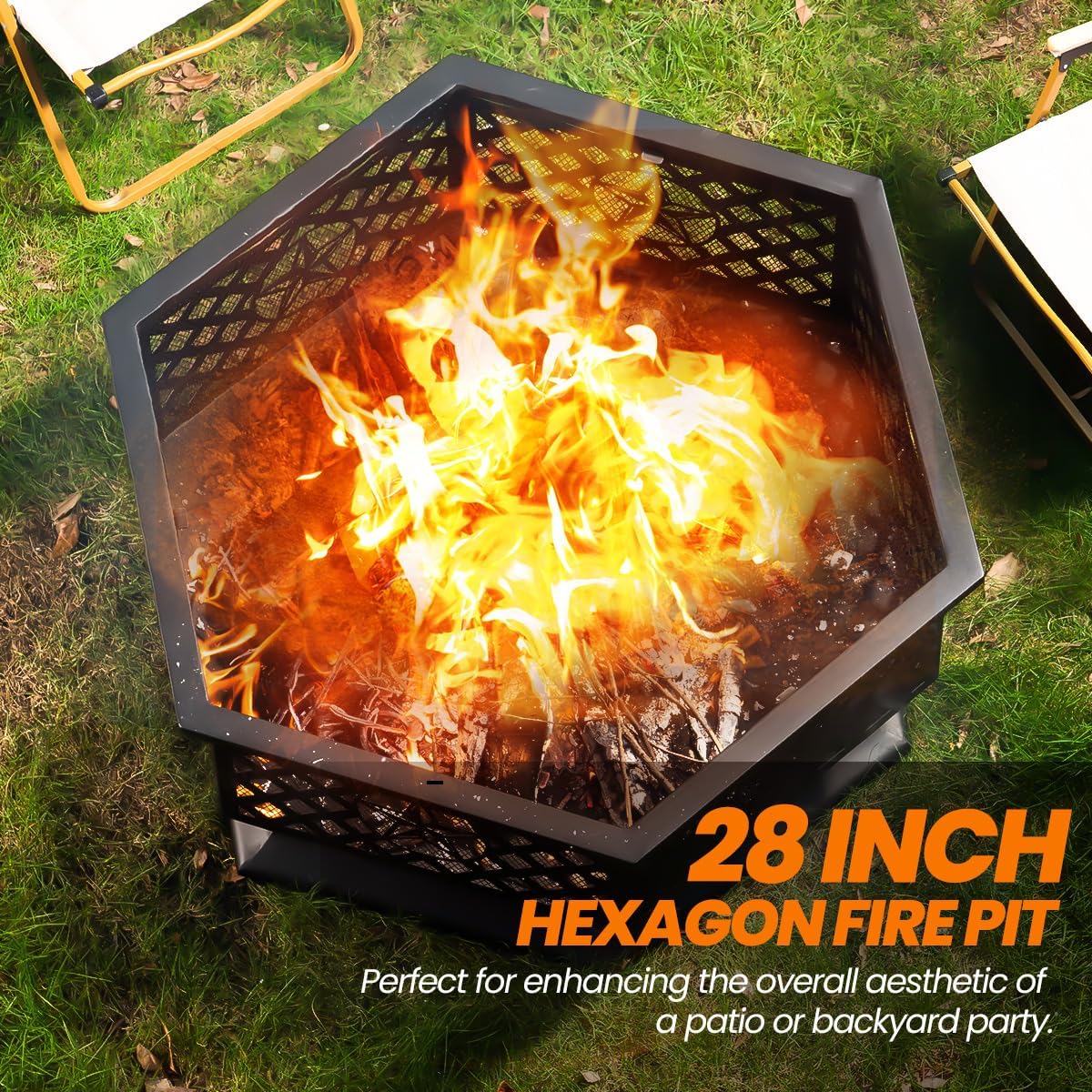 28 Inch Hex-Shaped Fire Pit,Wood Burning Fire Pits for Outside with Spark Screen&Poker,Metal Hexagon Outdoor Firepit for Backyard,Bonfire,Patio,Party,Garden,Picnic and Camping(28'' Black)