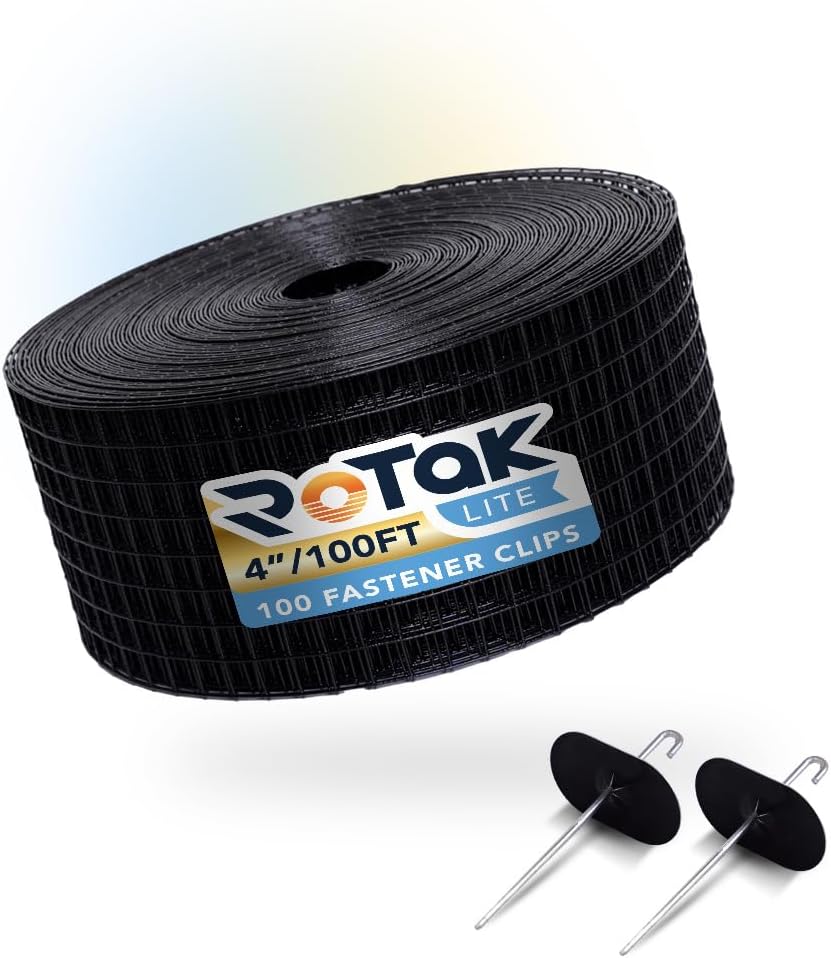 ROTAK Critter Guard - 4in x 100ft Solar Panel Bird Guard with Fastener Clips - Galvanized Black PVC Coated ½ inch Wire Roll Mesh (4