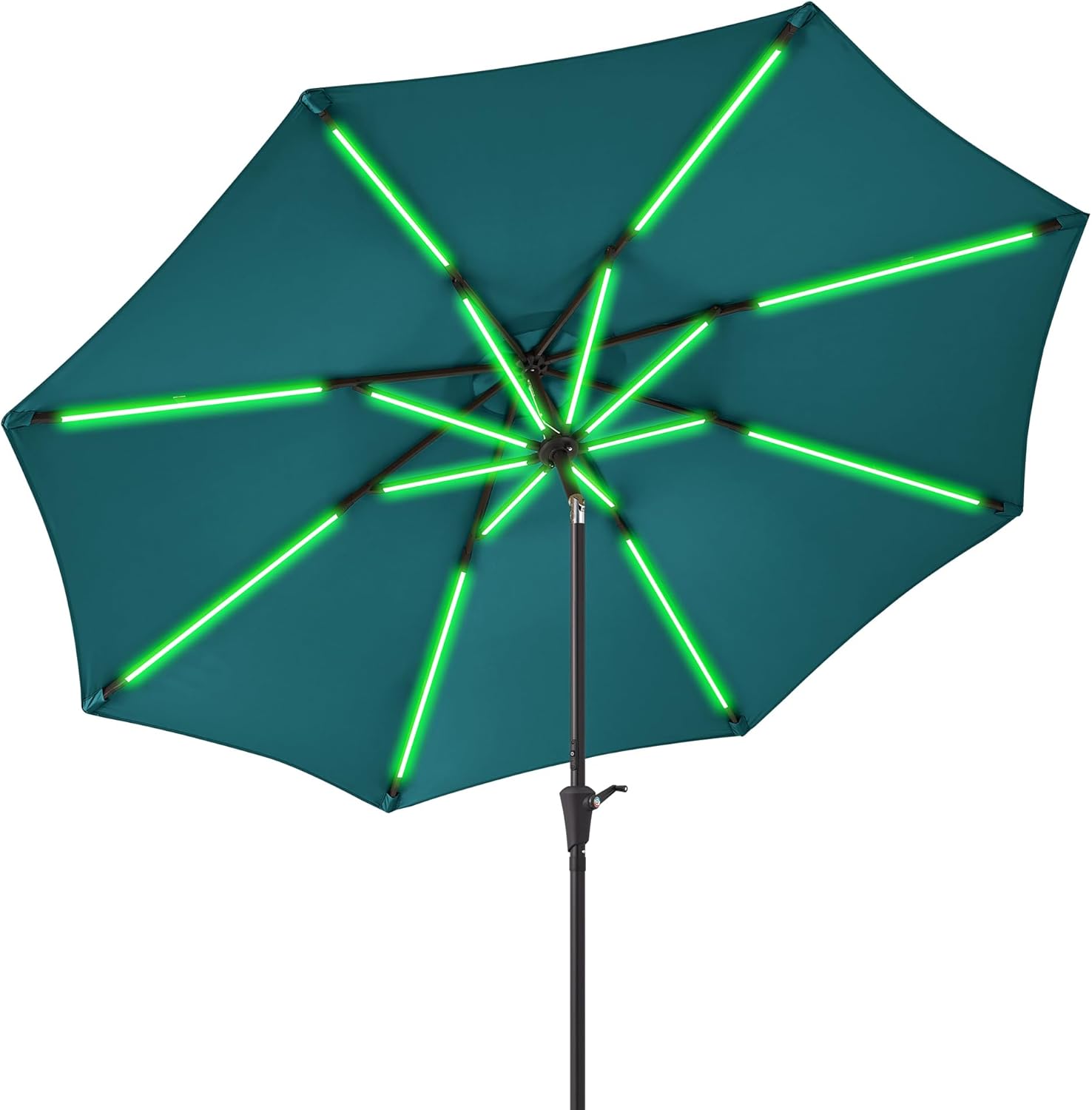 9 ft/10 ft Outdoor Patio Umbrella with Solar Lights, Solar+Power Bank Charging, Large Heavy Duty Beach, Pool, Deck, Market,Table Umbrella, 8-Rib Windproof, Fade Resistant, 30° Tilt & Crank