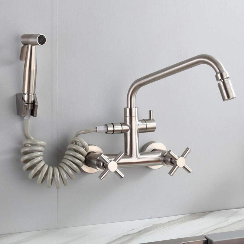 Wall-Mounted Kitchen Faucet, Pull-Down Spray Head, 304 Stainless Steel, Dual Handle Water Sink, Hot Water Tap, Laundry Pool Hose, Modern Kitchen Sink Fixture