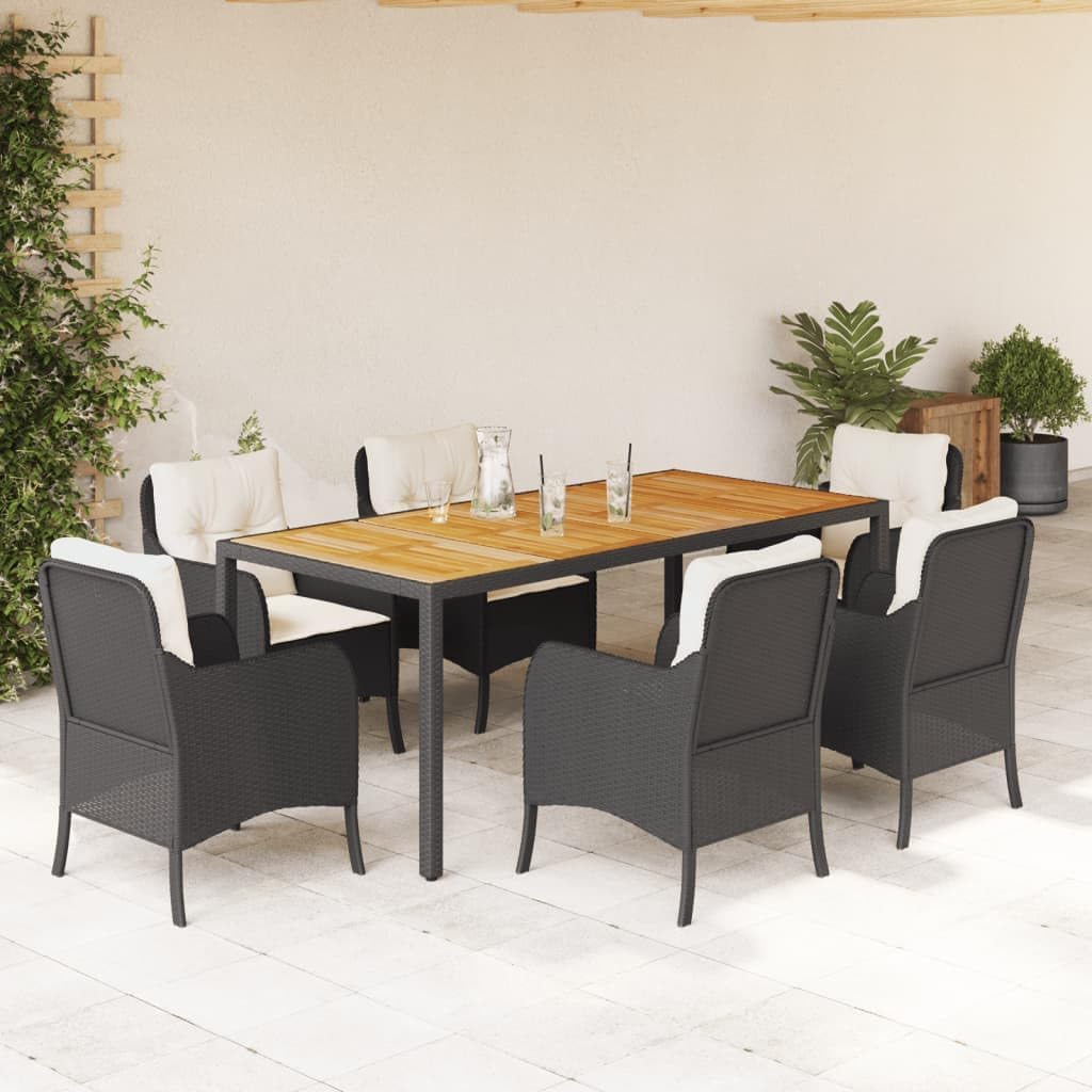 Furniture Sets 7 Piece Patio Dining Set with Cushions Black Poly Rattan,Outdoor Dining Table and Chair Set with Cushions PE Rattan & Acacia Wood UVResistant Garden Conversation Sets