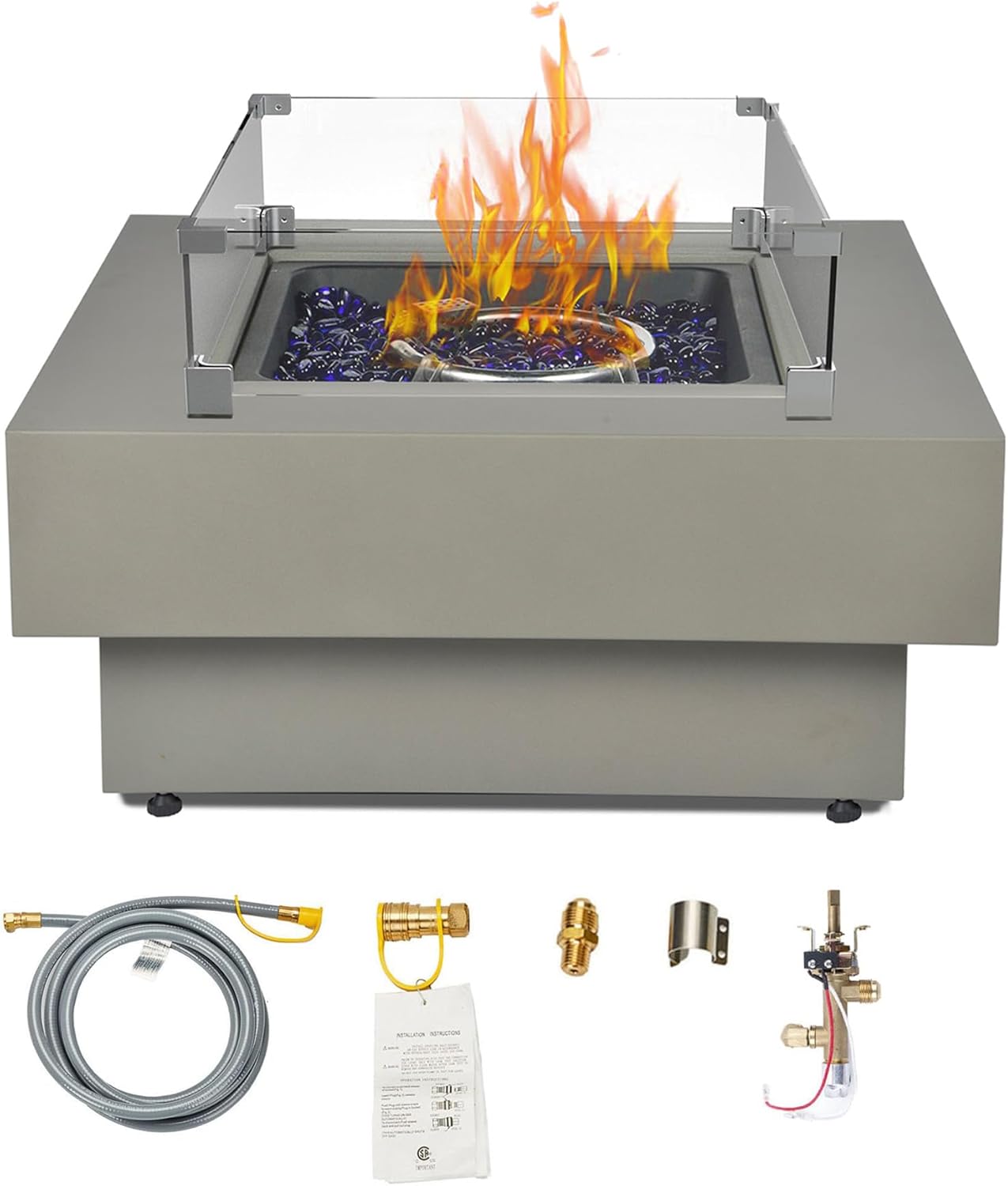 32.5-inch Fire Table with Natural Gas Conversion Kit & Wind Glass Shield, 50,000BTU Outdoor Modern Patio Fire Pit Table w/Square Burner Lid, Glass Rocks, Cover