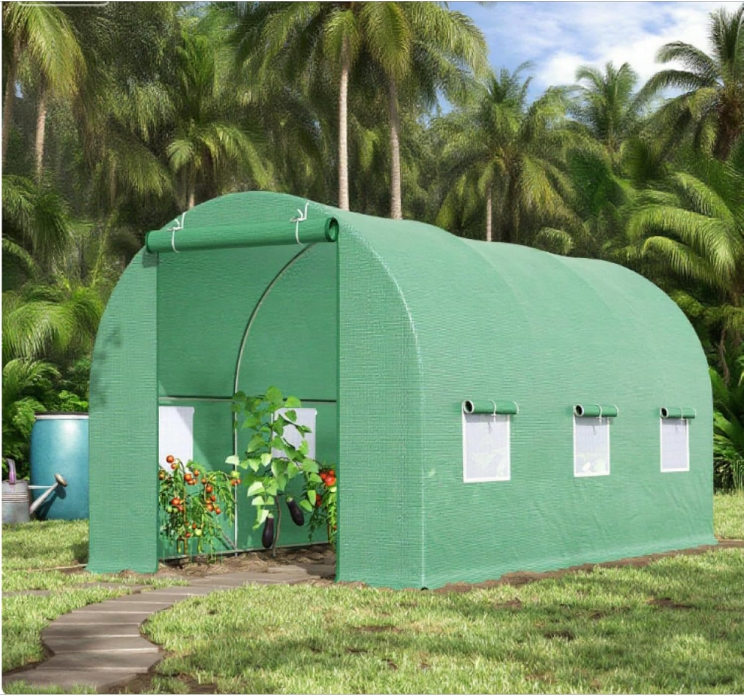 Modern Walk-in Tunnel Hoop Greenhouse with Zippered Roll-up Door, Outdoor Backyard Green House with 6 Mesh Windows for Outside, Garden and Lawn, Ideal for Planting Lovers