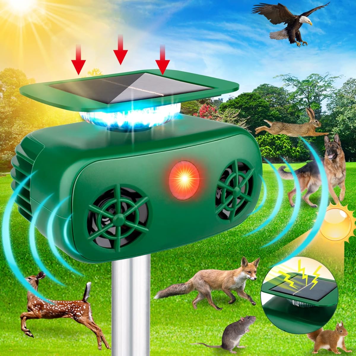 Cat Repellent Outdoor, Solar Pest Animal Repellent, 2025 Bird Deterring Devices Solar Powered Ultrasonic Dog Repeller with Motion Sensor & Flashing Light, Cat Repeller for Repelling Squirrels, Raccoon