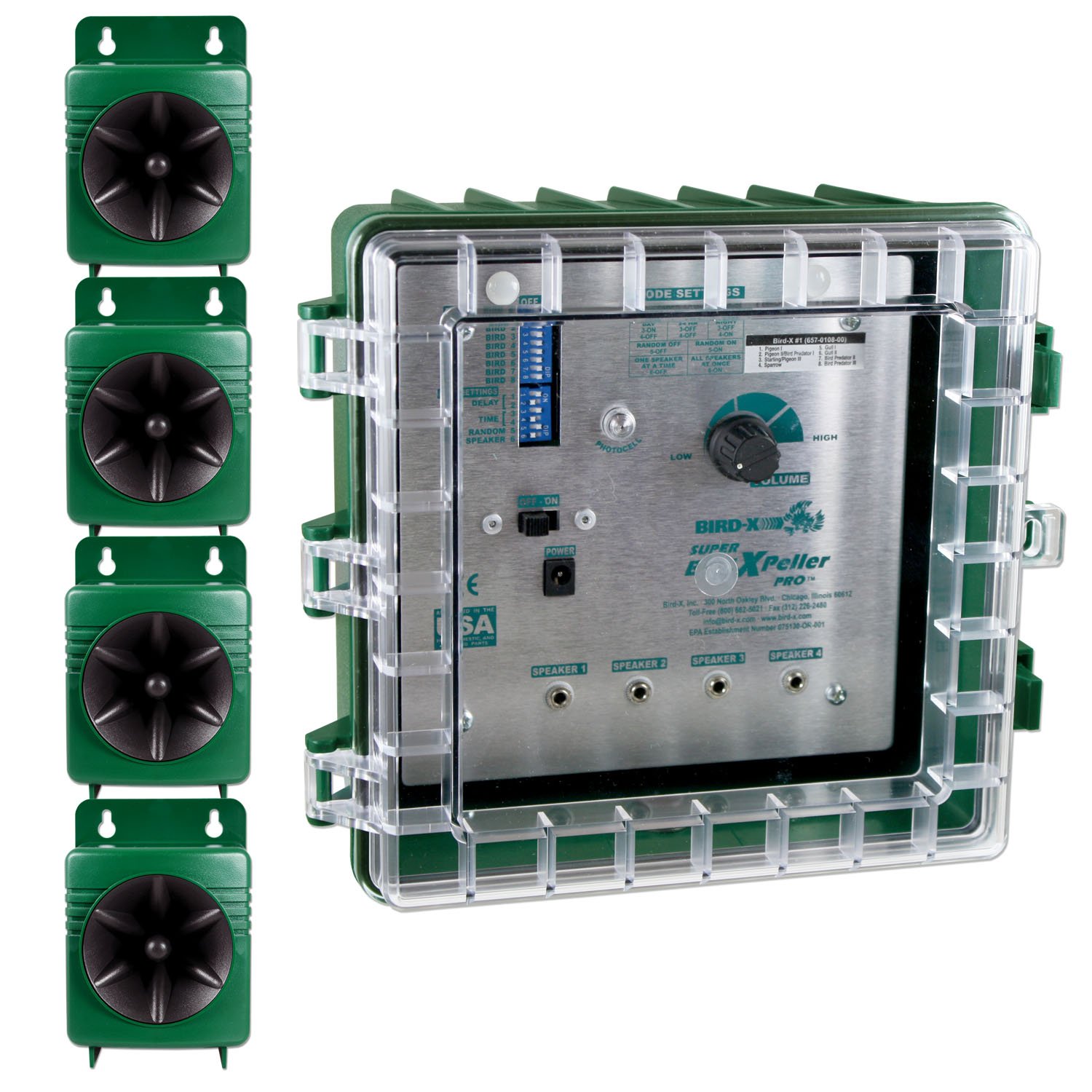 Bird-X Super BirdXPeller PRO, 4-Speaker Sonic Bird Decoy Device Version 2, Perfect for Crows, Blackbirds, Grackles, Cormorants, and Ravens, Covers up to 6 Acre, 3-5 kHz Frequency