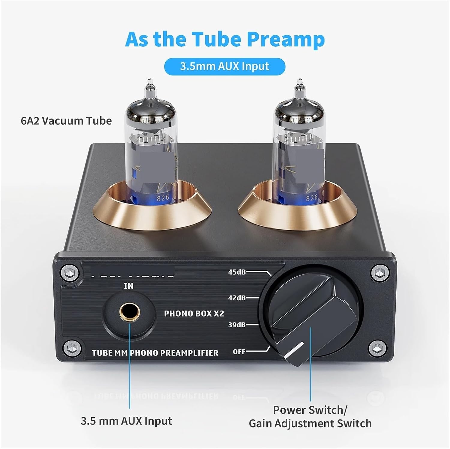 Phono Preamplifier for Turntable Phonograph Preamplifier Mini Stereo Audio HiFi Tube Amplifier Box X2 Suitable for DIY(with 6A2 Tubes)