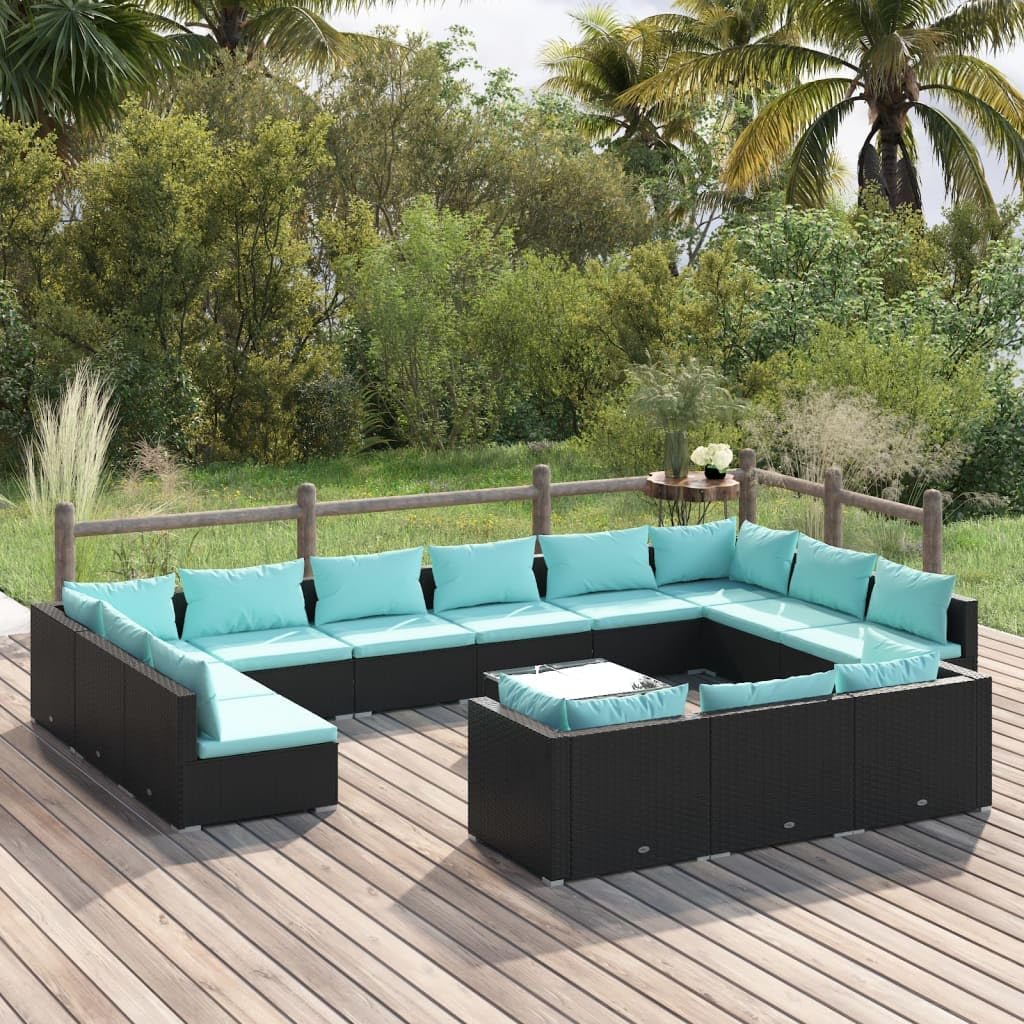 14 Piece Patio Lounge Set with Cushions Black Poly Rattan,Premium Patio Lounge Set: Modular Rattan Sofa with Water Blue Cushions for Comfortable Outdoor Relaxation Furniture Sets for Patio, Lawn & Gar