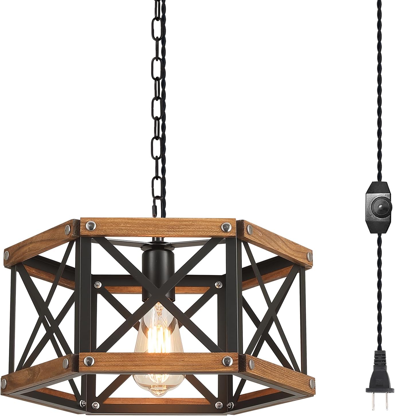 Rustic Farmhouse Plug in Pendant Light Fixture with Adjustable Chain, Dimmable Switch, 14.5 inch Industrial Oak Wood and Metal Cage Hanging Lamp for Kitchen Island Dining Room Farmhouse, Black