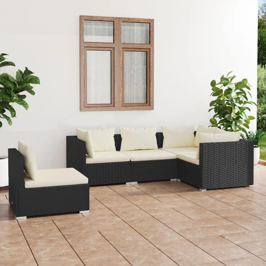 5 Piece Patio Lounge Set with Cushions Poly Rattan Black,Ultimate Relaxation: Patio Lounge Set with Modular Design and Padded Cushions for Ultimate Comfort Patio Furniture, Outdoor Furniture Sets