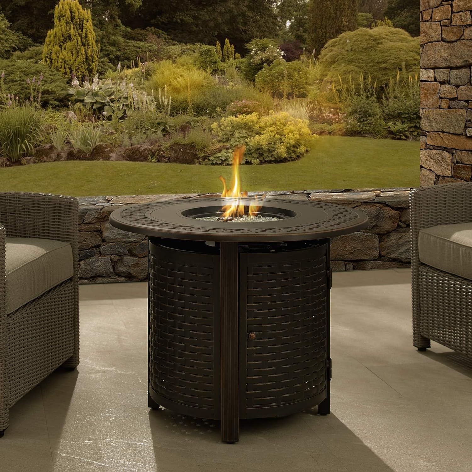 Hendricks Woven Aluminum Convertible Gas Fire Pit Table 37,000 BTU Multi-Functional Outdoor with Fire Bowl Lid, Nylon Weather Cover & Clear Fire Glass - Bronze Finish - Round - 34