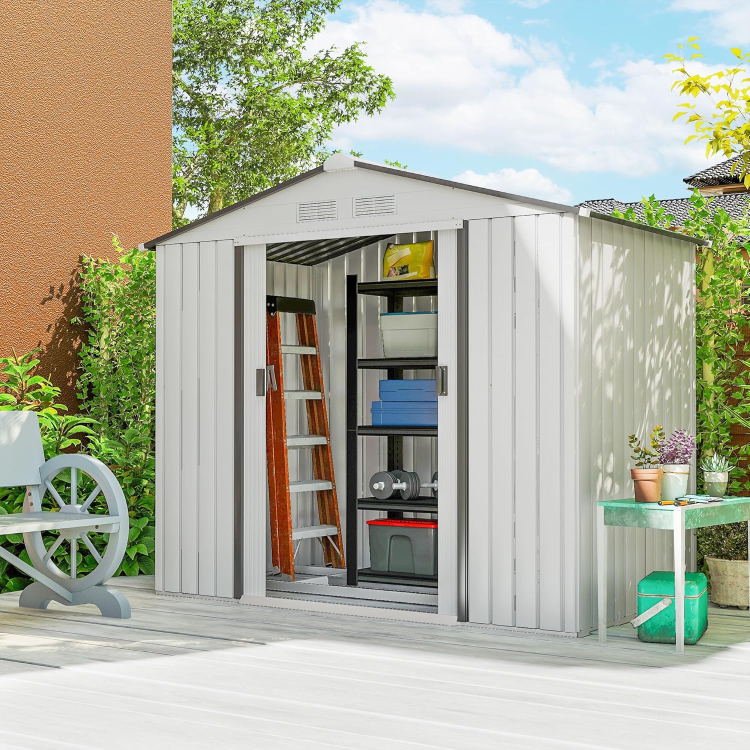 Outsunny 7' x 4' Outdoor Storage Shed, Garden Tool Metal Shed with Foundation Kit, Double Lockable Door, Air Vents and Sloping Roof, for Backyard, Patio, Lawn, White