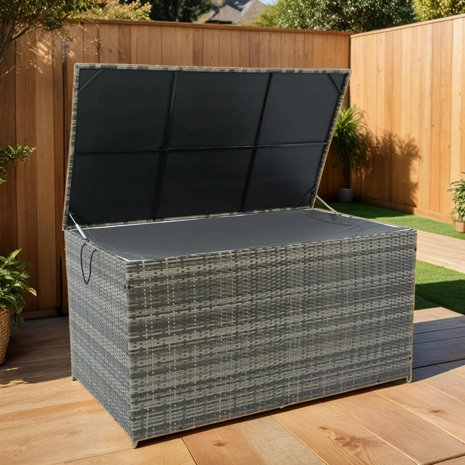 200-Gallon Oversized Rattan Outdoor Storage Box–XXL Waterproof Deck Box with Removable Liner, Heavy-Duty Metal Frame,Easy-Glide Hinges | Multi-Purpose Patio Cabinet for Poolside, Garden & Indoor Use