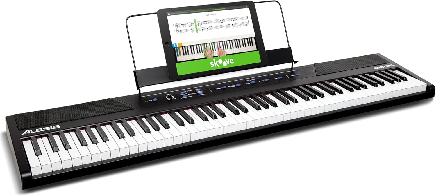 Alesis Recital - 88 Key Digital Piano Keyboard with Semi-Weighted Keys, 2x20W Speakers, 5 Voices, Split, Layer and Lesson Mode, FX and Piano Lessons