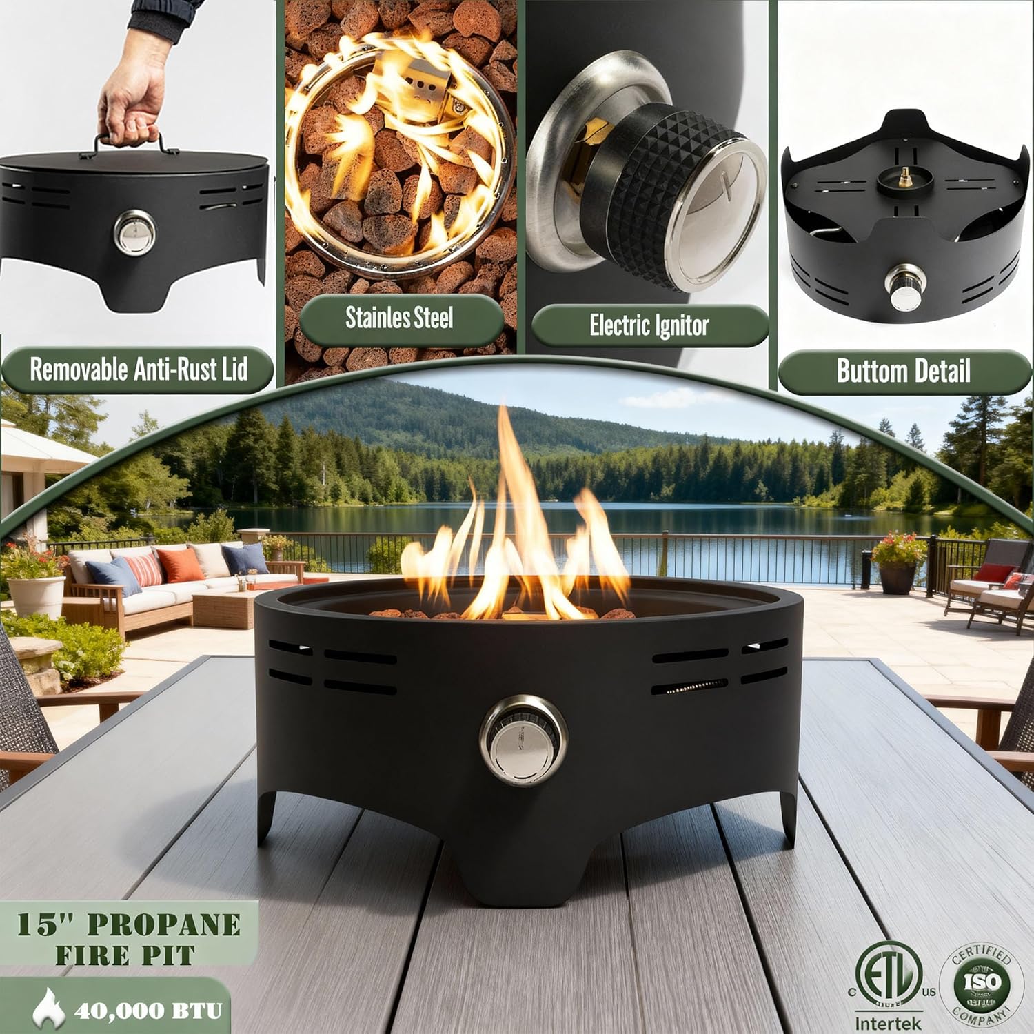 15 Inch Propane Tabletop Fire Pit, 40,000 BTU Round Portable Outdoor Fire Pit for Patio Garden Balcony, Compact Steel Fire Pits with Lava Rocks & Cover, Black Finish for Ambiance & Warmth, Only Table
