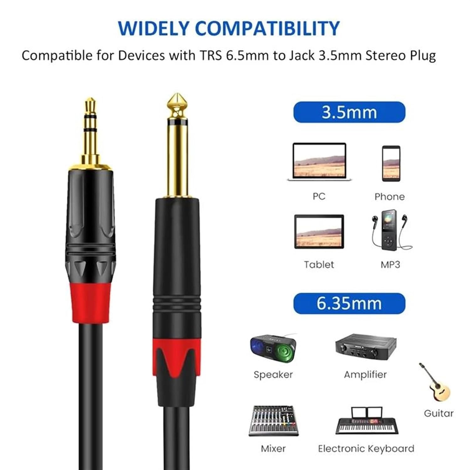 Pro Audio Cable Longer Cable 6.5mm To 3.5mm Single Track Speaker Cable For PC Guitar DVD Mixer Phone Computer Amplifier Cable(Black,10m)