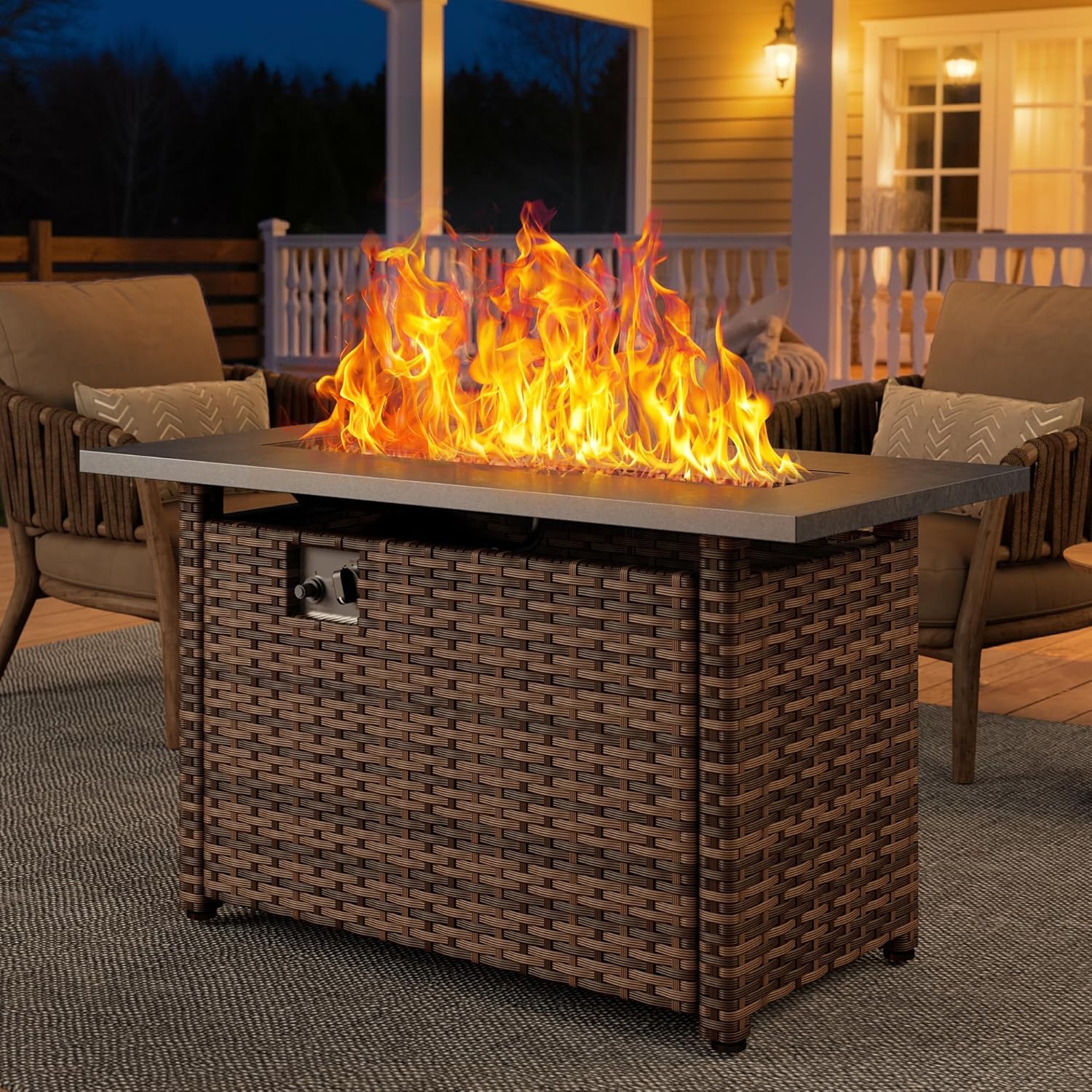 45'' Gas Fire Pit Table, Outdoor Gas Fire Pit with Hand-Woven PE Rattan, Glass Stones,Lid, 2 in 1 Fire Pit Table Gatherings Parties for Patio Deck Garden