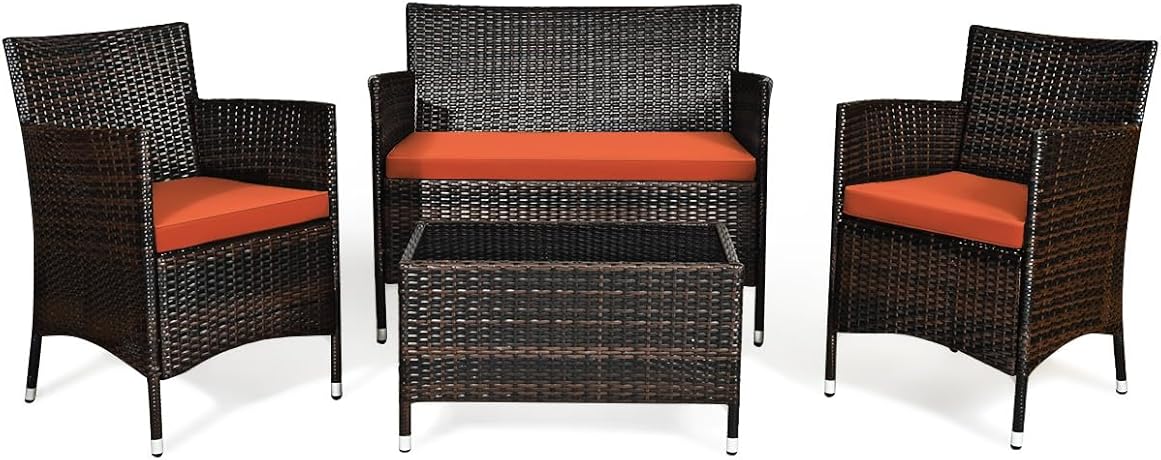 Goplus 4-Piece Rattan Patio Set, Outdoor/Indoor Wicker Conversation Set for Pool, Backyard, Lawn, Wicker Chairs and Sofa with Soft Cushion, Rattan Furniture with Tempered Glass Coffee Table