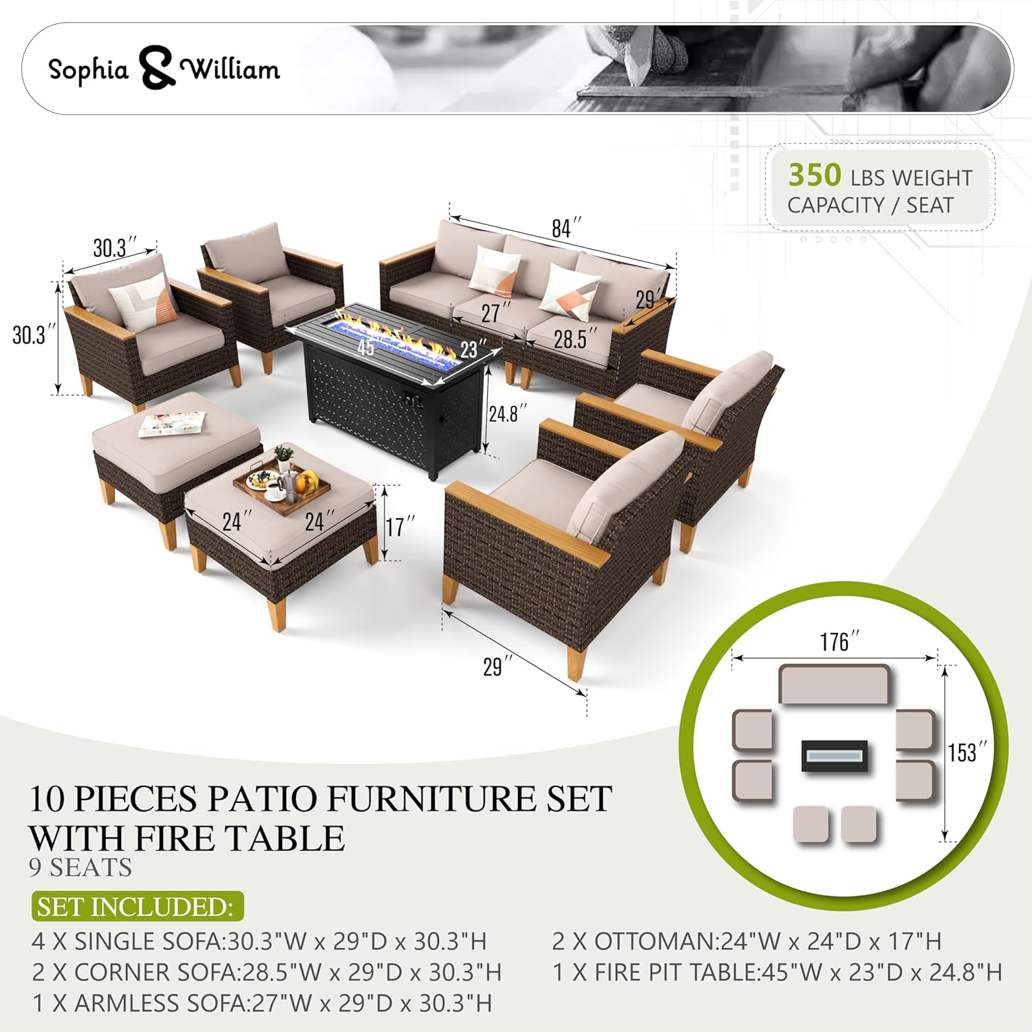 Sophia & William Oversized Patio Furniture Set with Fire Pit Table, Outdoor Wicker Rattan Sectional Sofa 8 Piece Patio Conversation Set for Deck, Backyard, Porch, Outside(45-Inch Fire Pit,Beige)