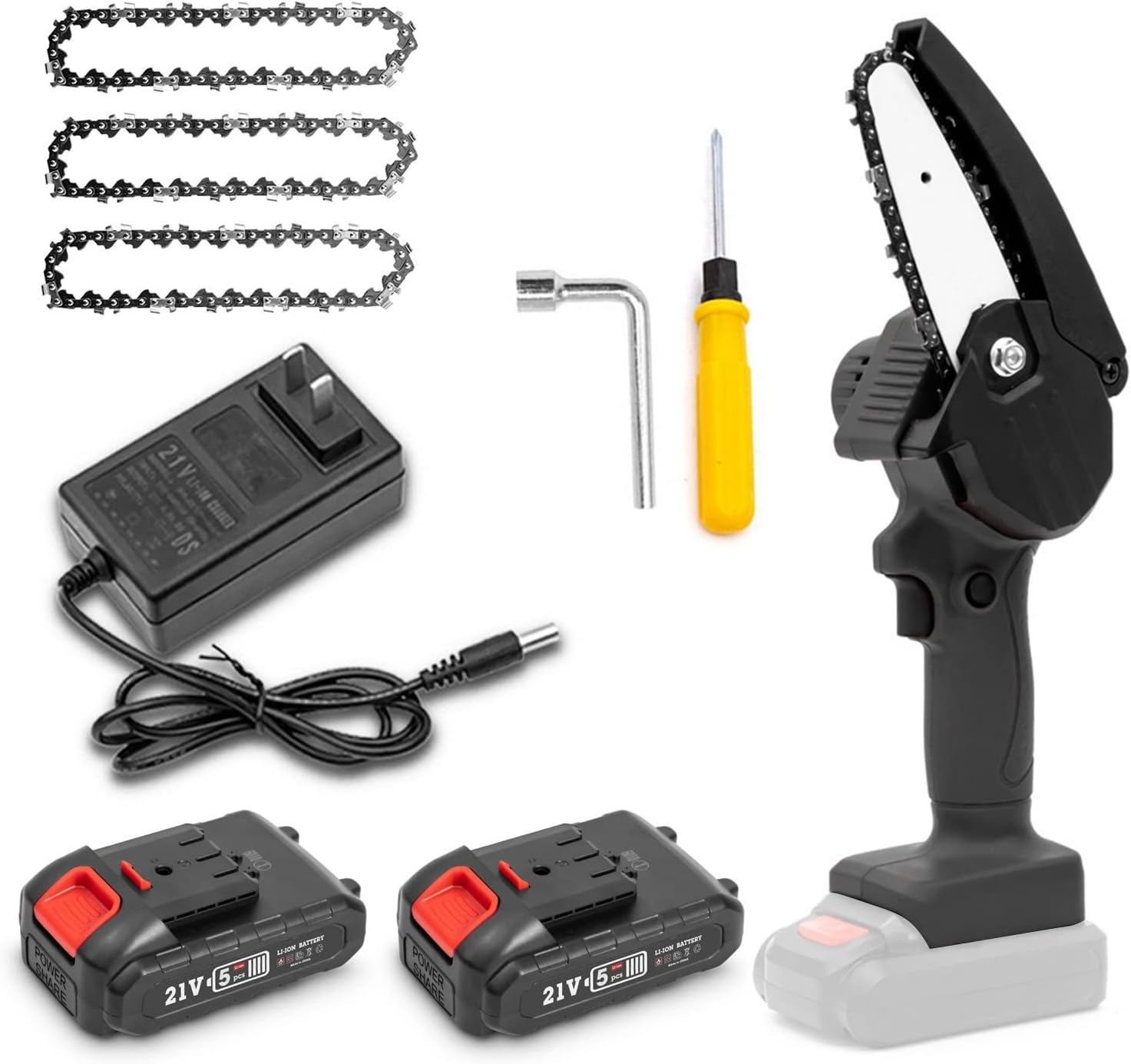 Mini Chainsaw 4-Inch Battery,Cordless Power Chain saws with Security Lock,with 1500mAh 21V 1.5Ah 2 Batteries Powered Kit and 4Pcs Chains,for Tree Trimming Wood Cutting