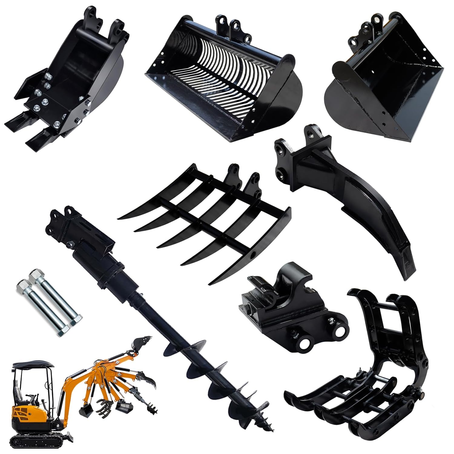 USA Stock Mini Excavator Attachments with Narrow Bucket, Ripper, Rake Auger, Grapple, Quick Hitch, Screening Bucket Total 8pcs Excavator Accessories Kit