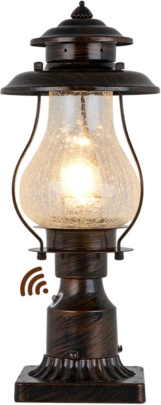 Dusk to Dawn Post Lights Outdoor Photocell Sensor Rustic Pole Mount Lanterns with Pier Mount Adapter Oil Rubbed Brown with Crackle Glass Waterproof Pillar Lights for Patio, Garden, Porch and Backyard