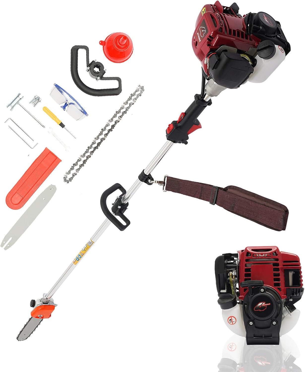 42CC Gas Powered Pole Saws,4 Stroke Gas Pole Saws 7FT Extendable Pole Chainsaw Tree Trimmer with 11.8in Cutting Bar Cutting Bar Long Tree Trimmer Gas Pole Saws for Tree Trimming