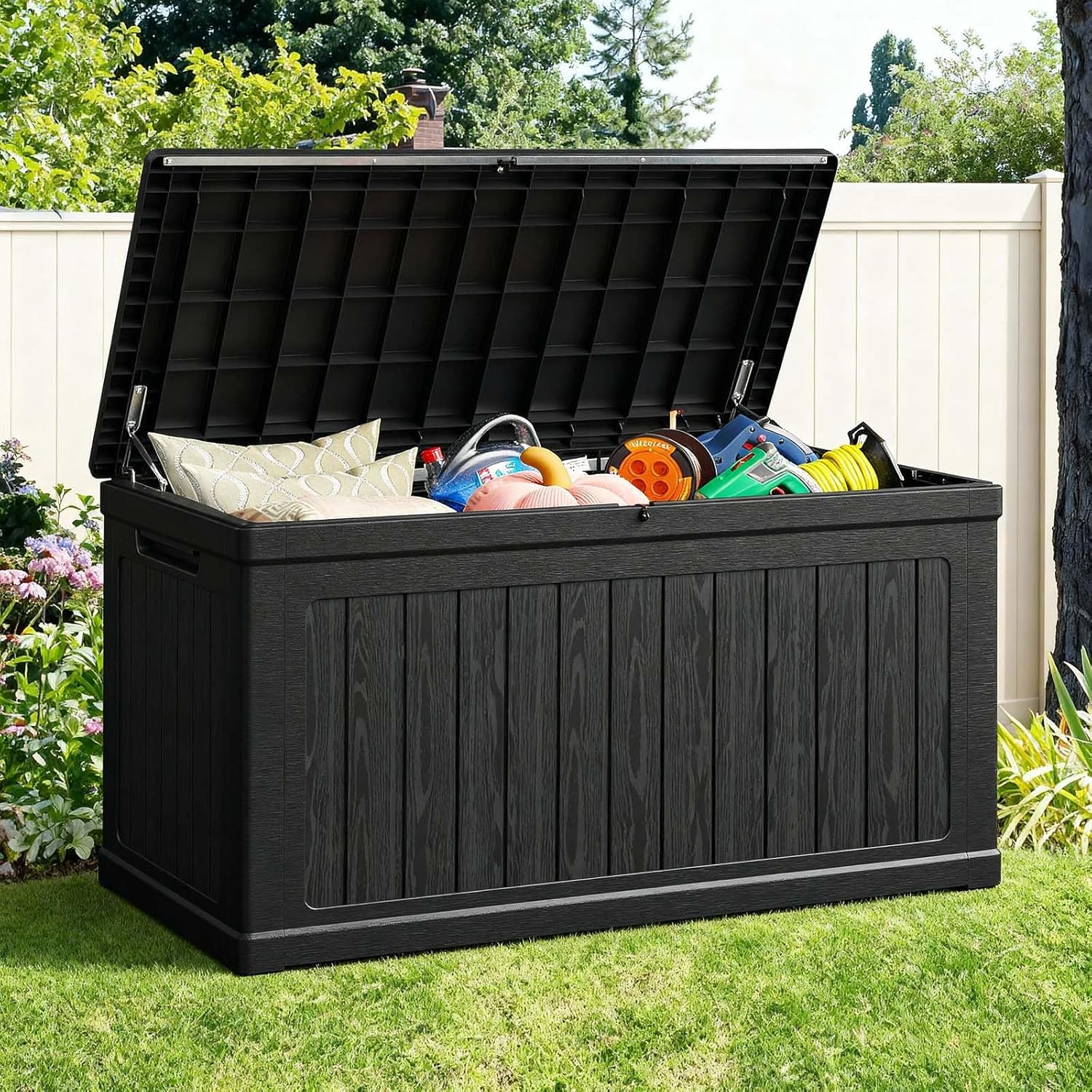 Lyromix 230 Gallon Outdoor Storage Box, UV-Resistant Waterproof Deck Box Outdoor with Lockable Design (Lock Not Included) and Hydraulic Lid, Patio Storage Bin for Cushions and Garden Tools, Black