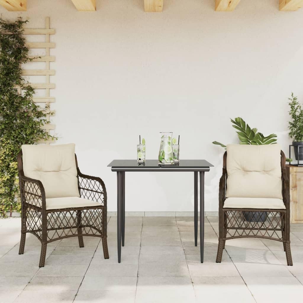 3 Piece Bistro Set with Cushions Brown Poly Rattan,Luxury Patio Bistro Set with Tempered Glass Tabletop for Outdoor Comfort Furniture Sets for Patio, Lawn & Garden