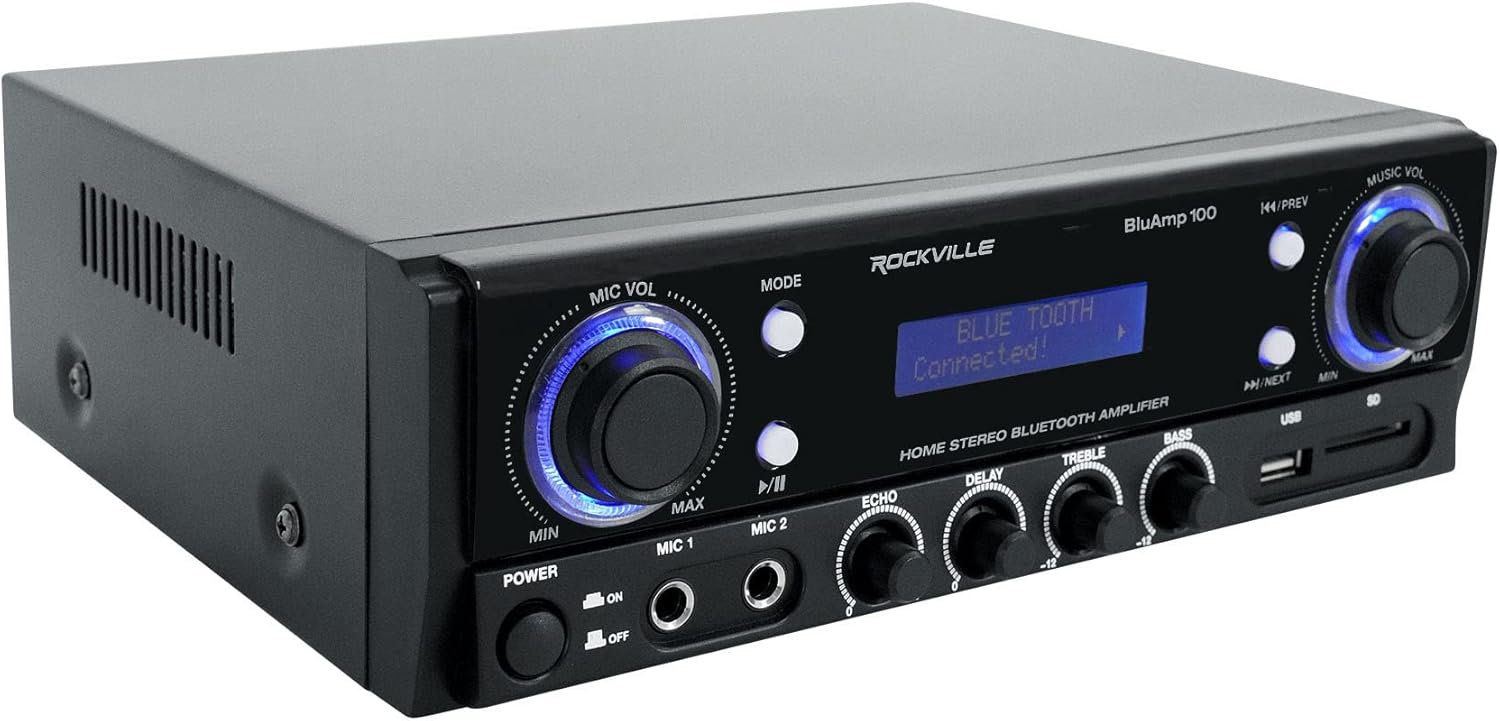 Rockville BLUAMP 100 60W x 2 RMS Home Stereo Bluetooth Amplifier, 4-8 Ohm, USB/SD/FM, Karaoke Mic Inputs, Remote Included, Perfect for Home Theater and Parties