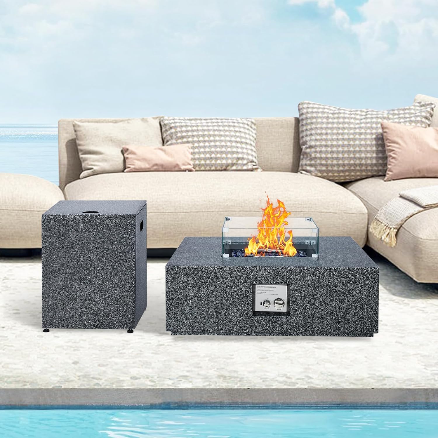 GarveeLife 36 in Outdoor Propane Gas Fire Pit Table, 50000BTU Iron Gas Firepit Table w 16 in Tank Cover, Wind Guard, Removable Lid, Blue Fire Glass, Rain Cover, CSA Certified Firepit Set for Outside