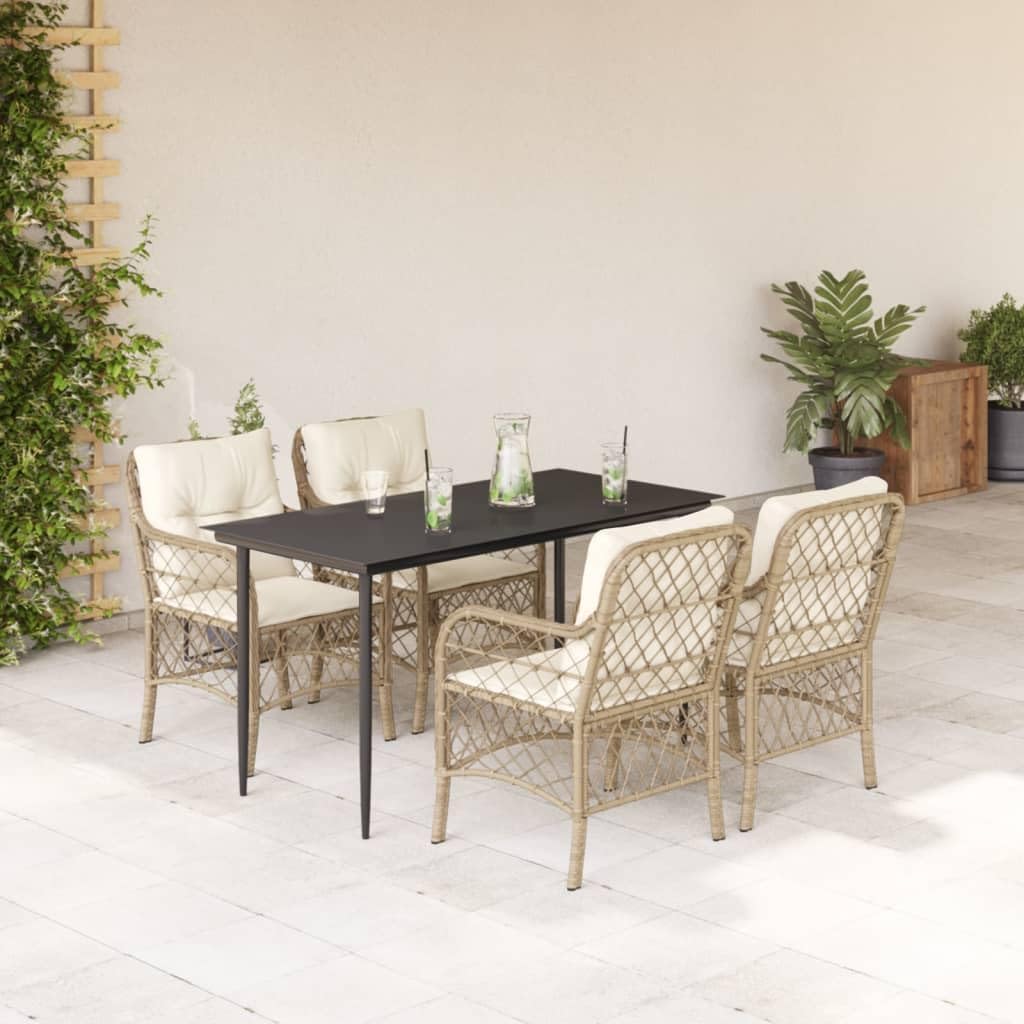 Furniture Sets 5 Piece Patio Dining Set with Cushions Beige Poly Rattan,Outdoor Dining Set with Comfortable Rattan Chairs and Tempered Glass Tabletop for Garden or Patio Garden Conversation Sets