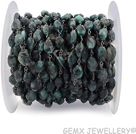 JEWELZ natural emerald beads rosary chain,7x10-6x9-8x12mm black plated wire wrapped lin.